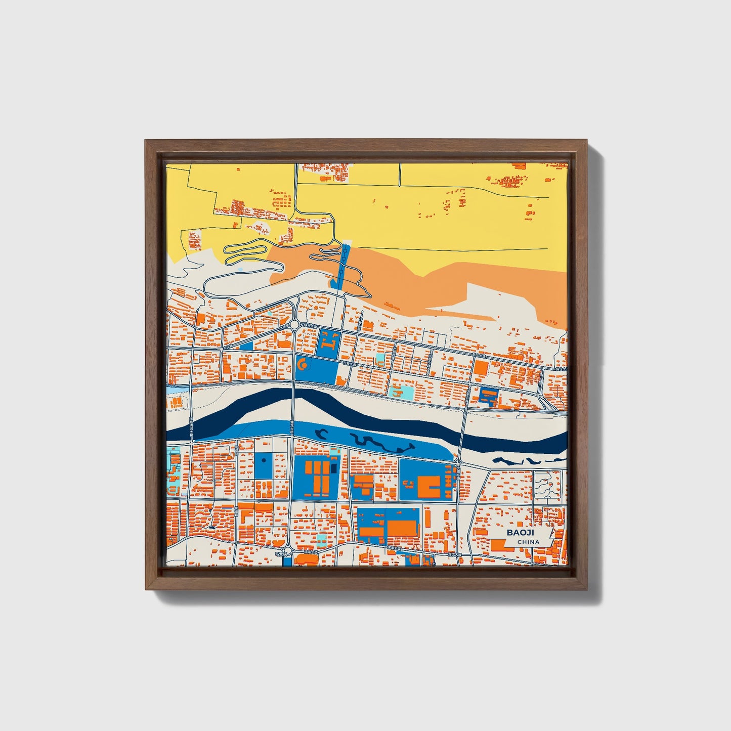 Baoji China Colorful City Map Canvas Print • Dark Wooden Framed