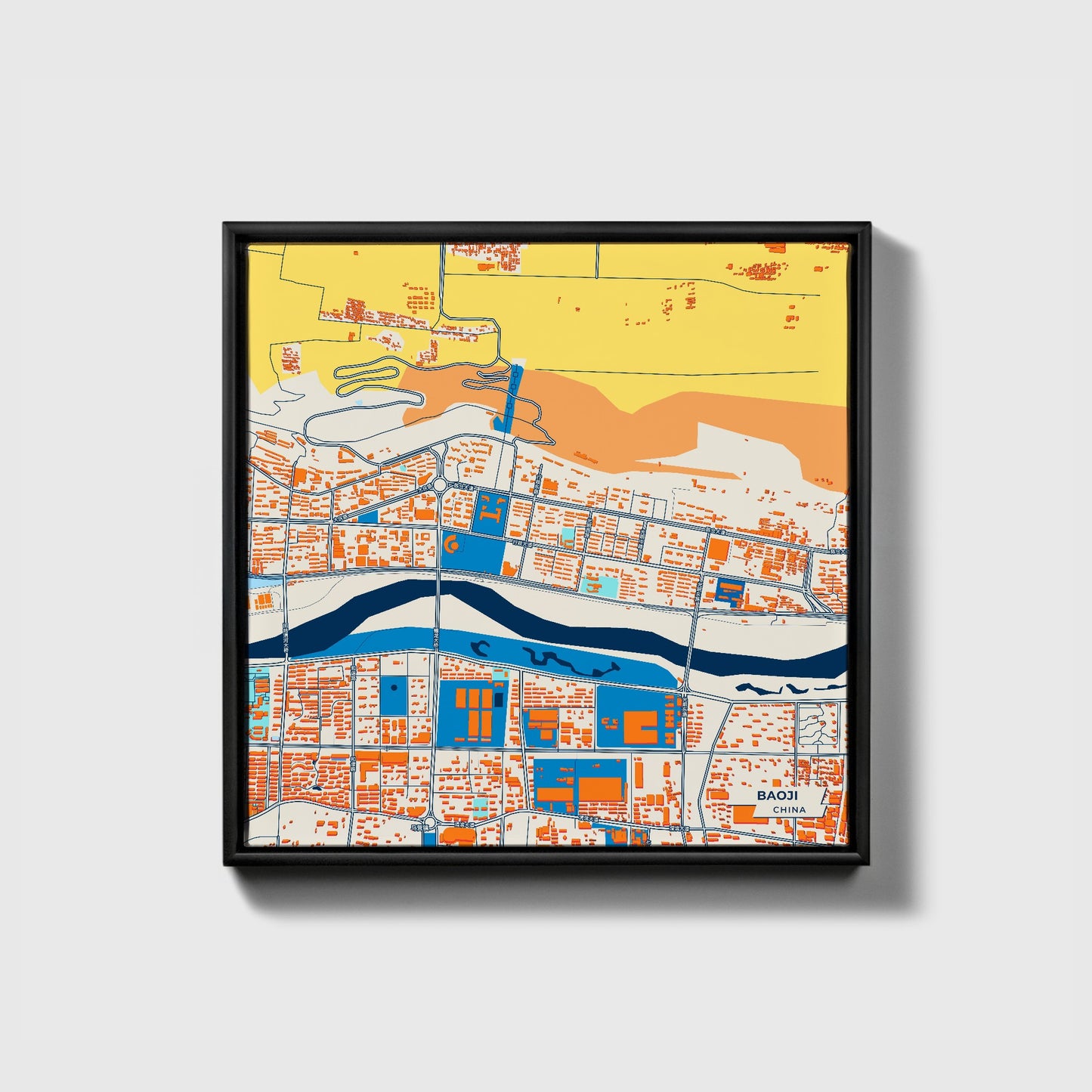 Baoji China Colorful City Map Canvas Print • Black Framed