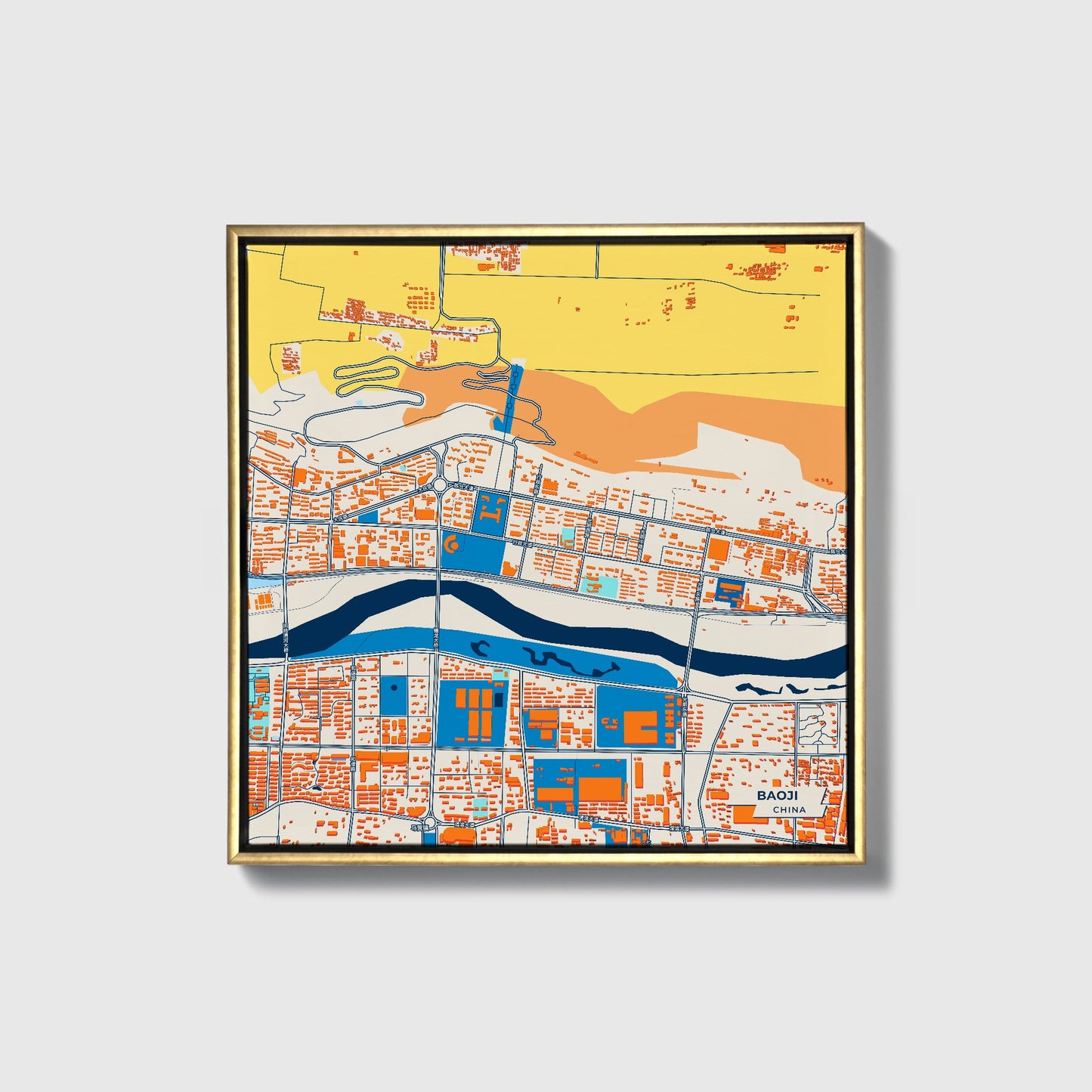 Baoji China Colorful City Map Canvas Print • Gold Framed