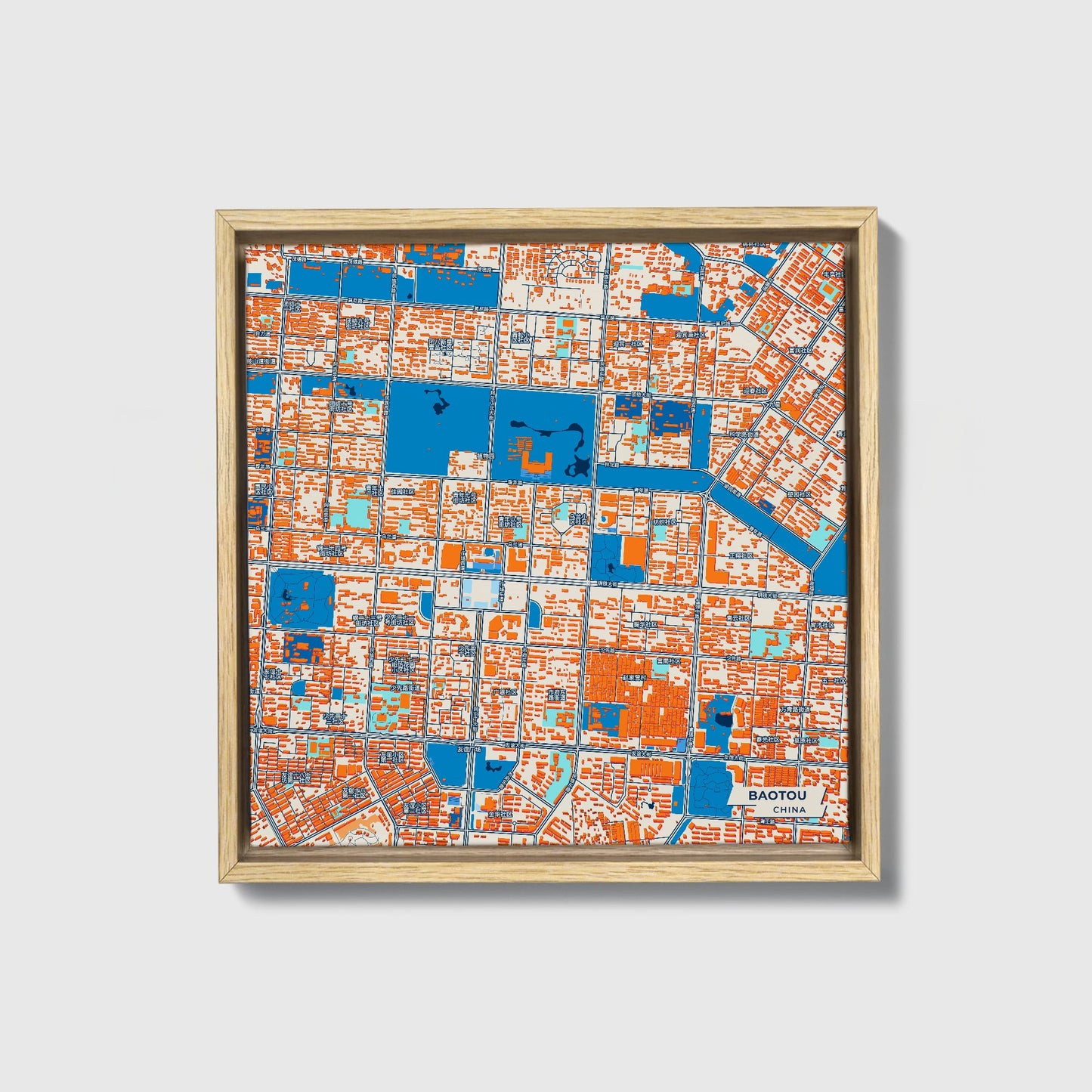 Baotou China Colorful City Map Canvas Print • Natural Wooden Framed