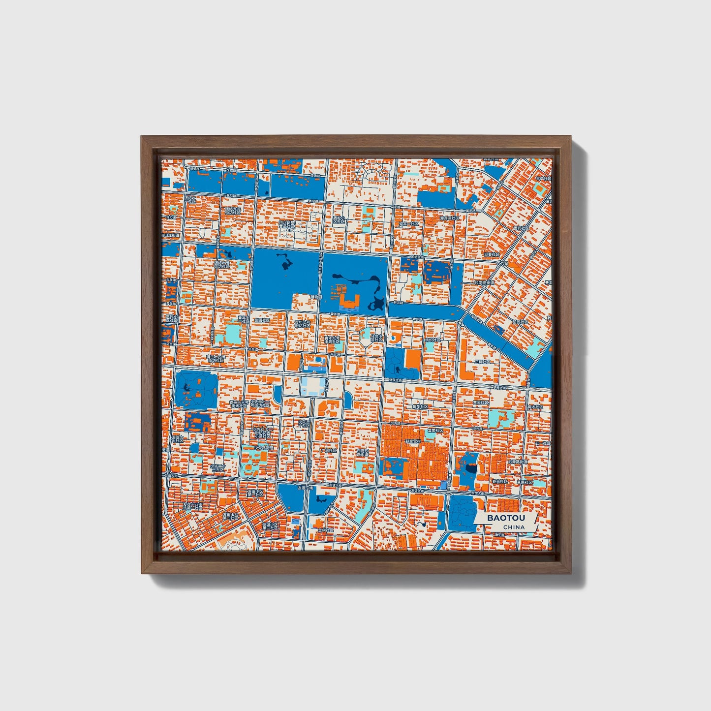 Baotou China Colorful City Map Canvas Print • Dark Wooden Framed