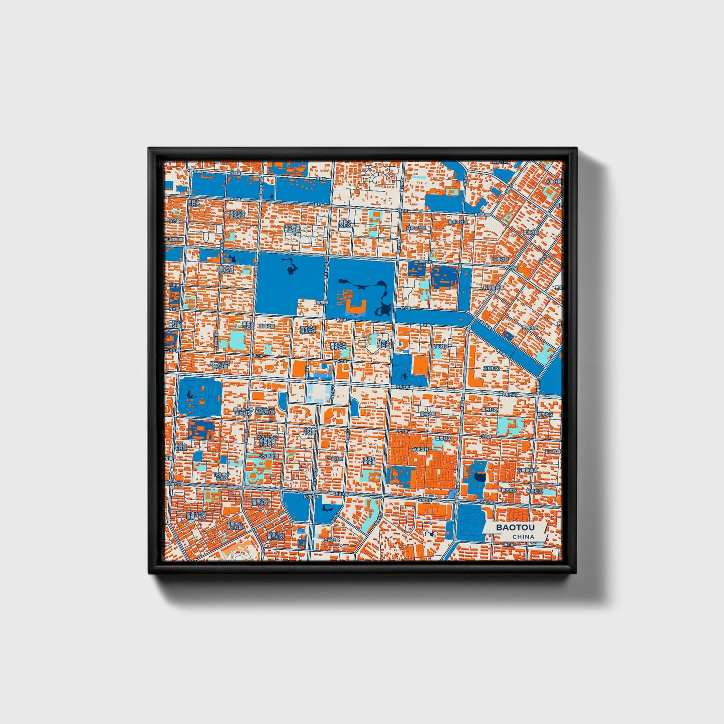 Baotou China Colorful City Map Canvas Print • Black Framed