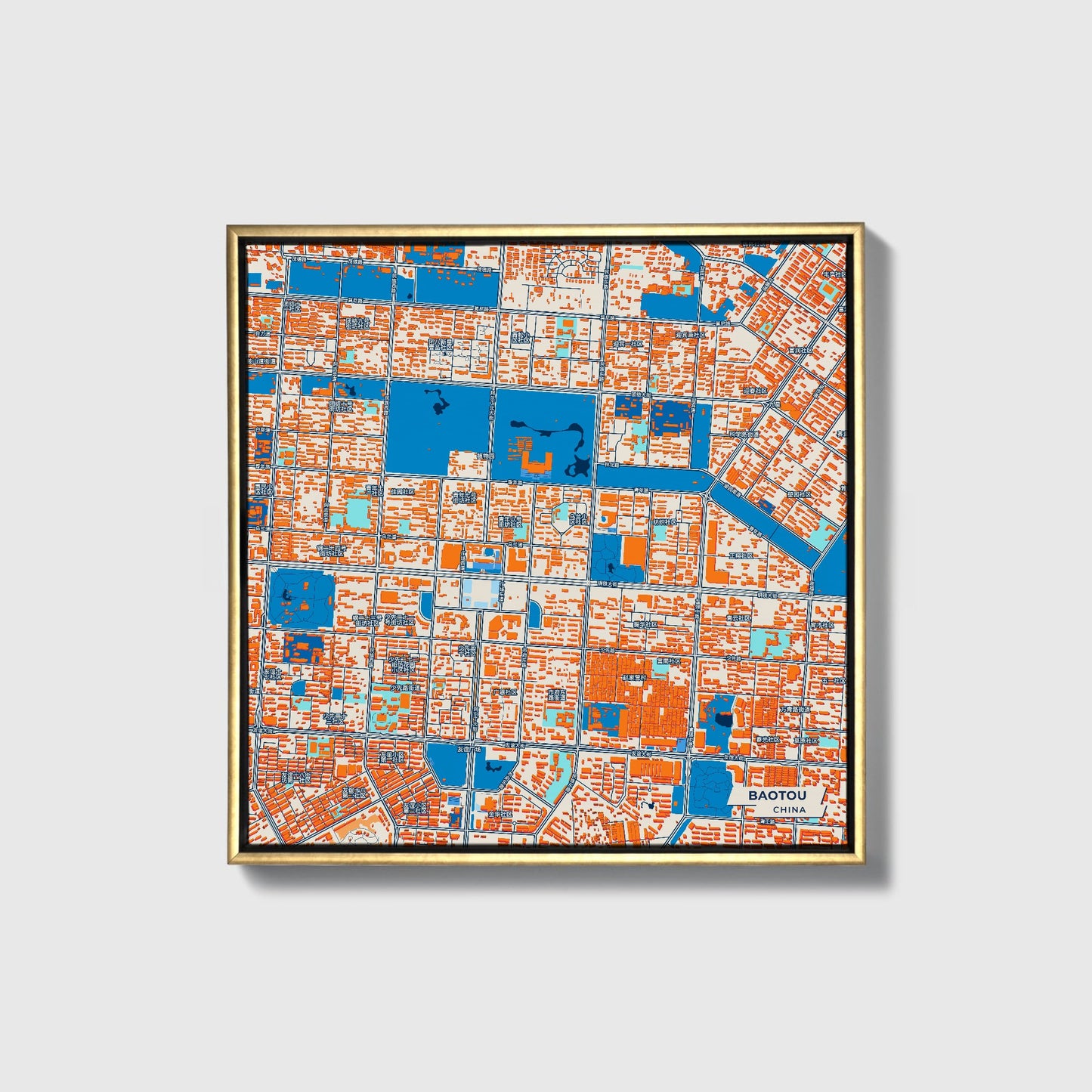 Baotou China Colorful City Map Canvas Print • Gold Framed