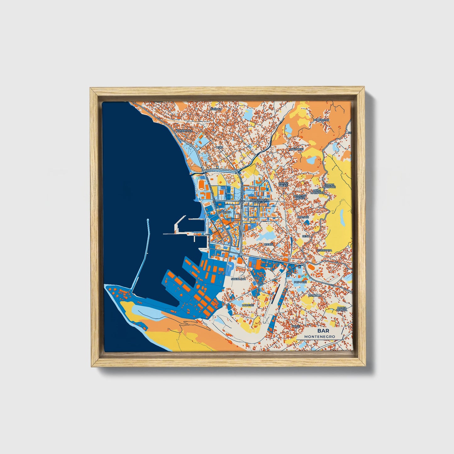 Bar Montenegro Colorful City Map Canvas Print • Natural Wooden Framed