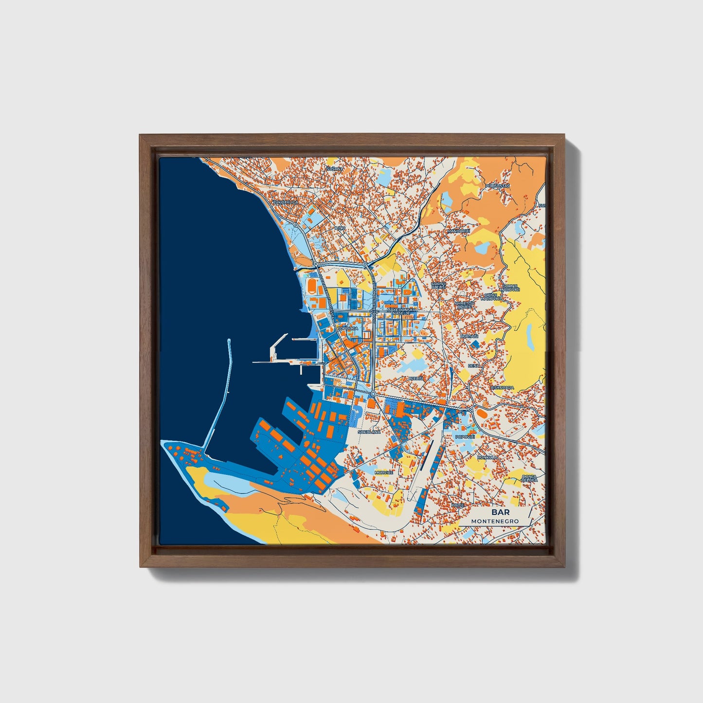 Bar Montenegro Colorful City Map Canvas Print • Dark Wooden Framed