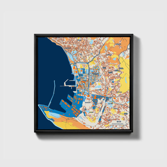 Bar Montenegro Colorful City Map Canvas Print • Black Framed
