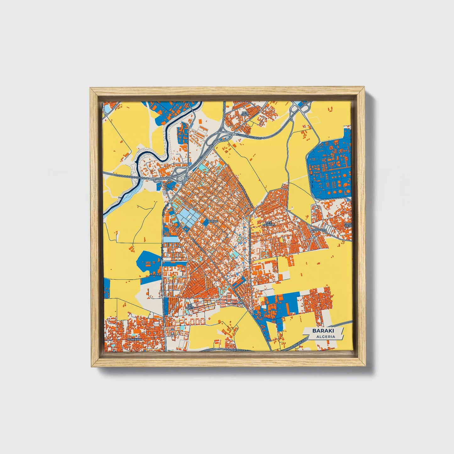 Baraki Algeria Colorful City Map Canvas Print • Natural Wooden Framed