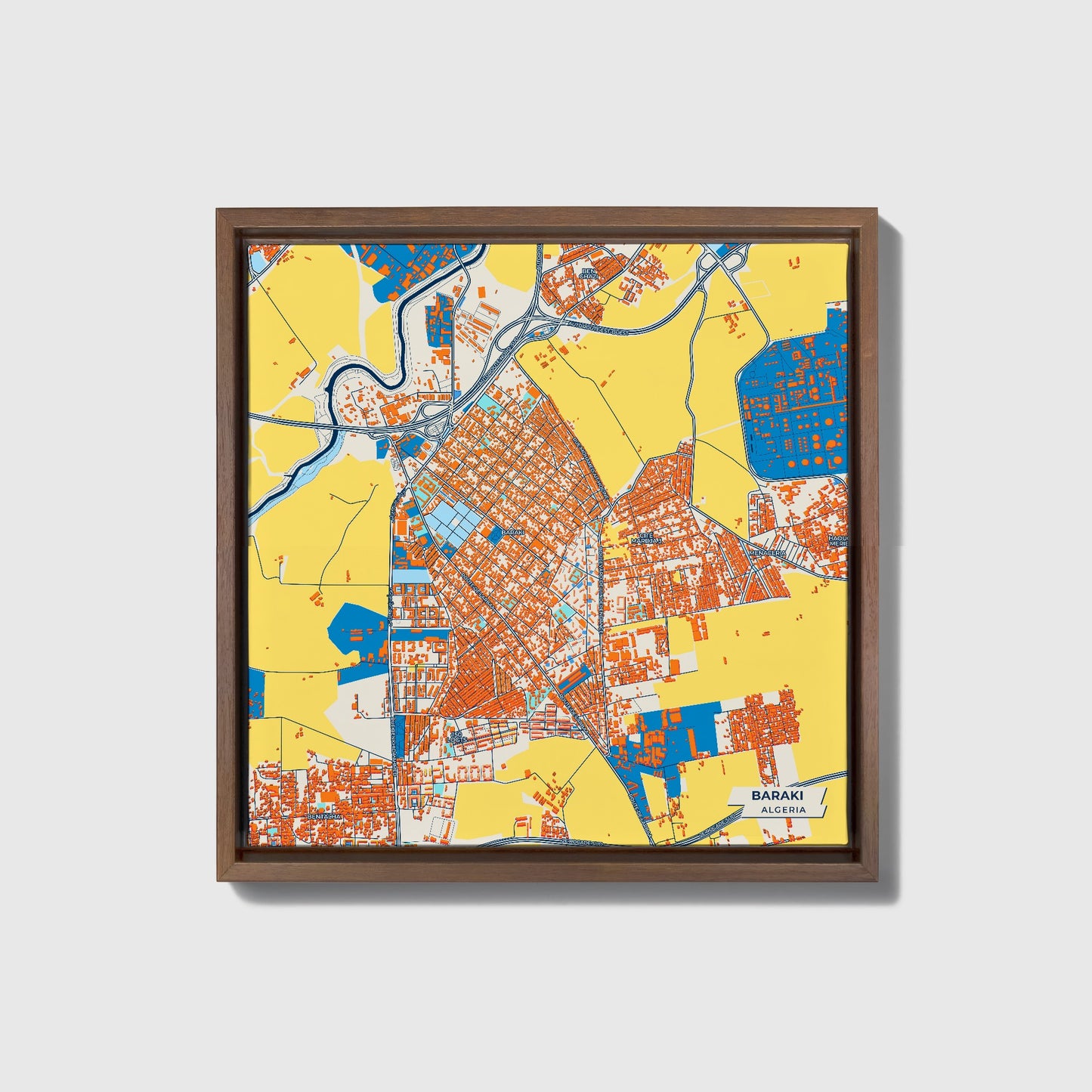 Baraki Algeria Colorful City Map Canvas Print • Dark Wooden Framed