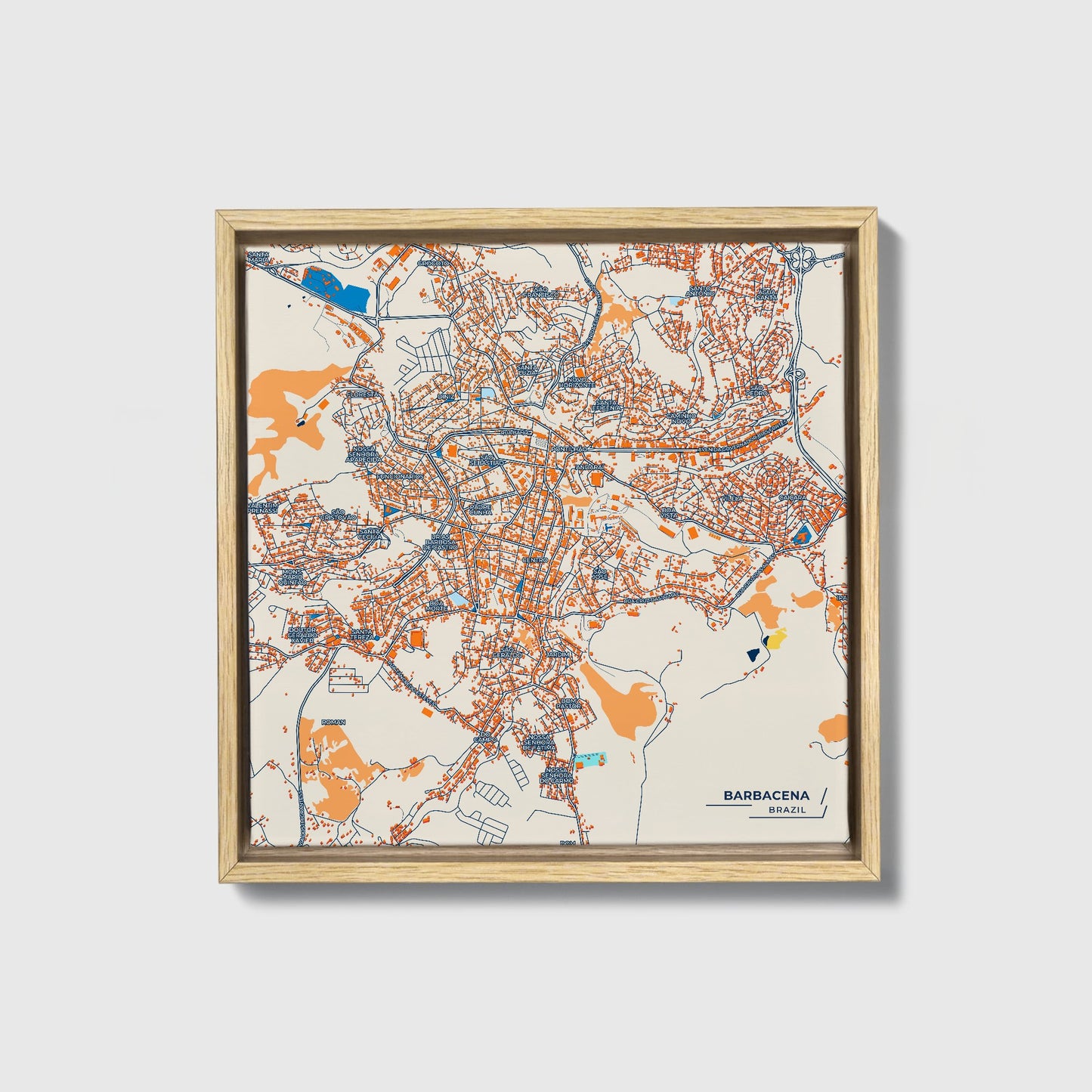 Barbacena Brazil Colorful City Map Canvas Print • Natural Wooden Framed