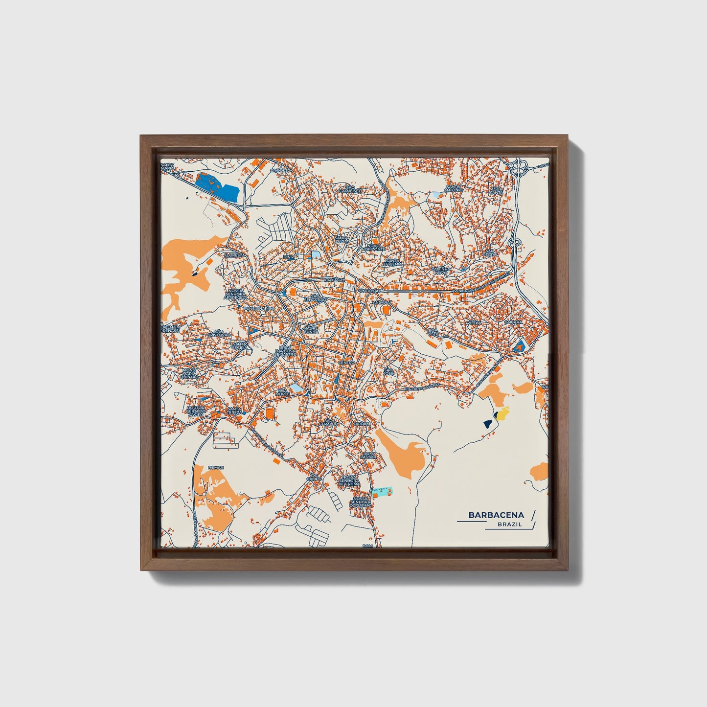 Barbacena Brazil Colorful City Map Canvas Print • Dark Wooden Framed