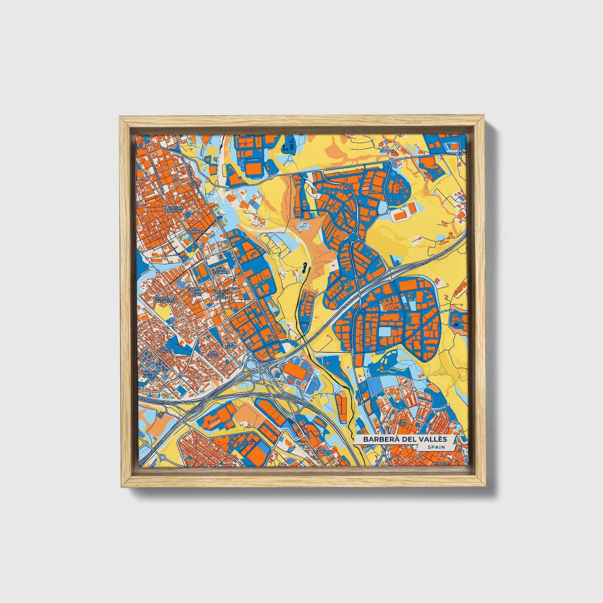 Barberà Del Vallès Spain Colorful City Map Canvas Print • Natural Wooden Framed