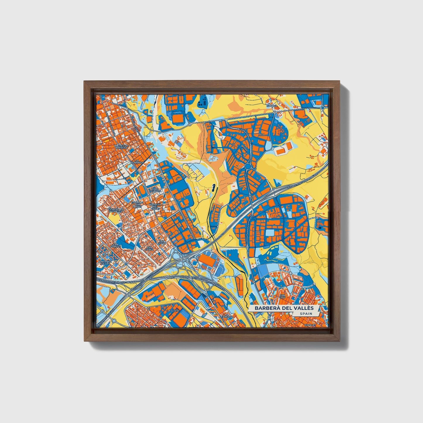 Barberà Del Vallès Spain Colorful City Map Canvas Print • Dark Wooden Framed