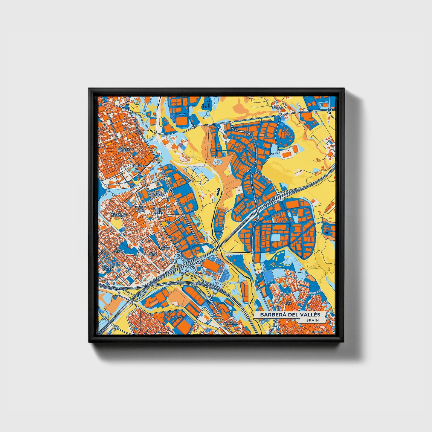 Barberà Del Vallès Spain Colorful City Map Canvas Print • Black Framed