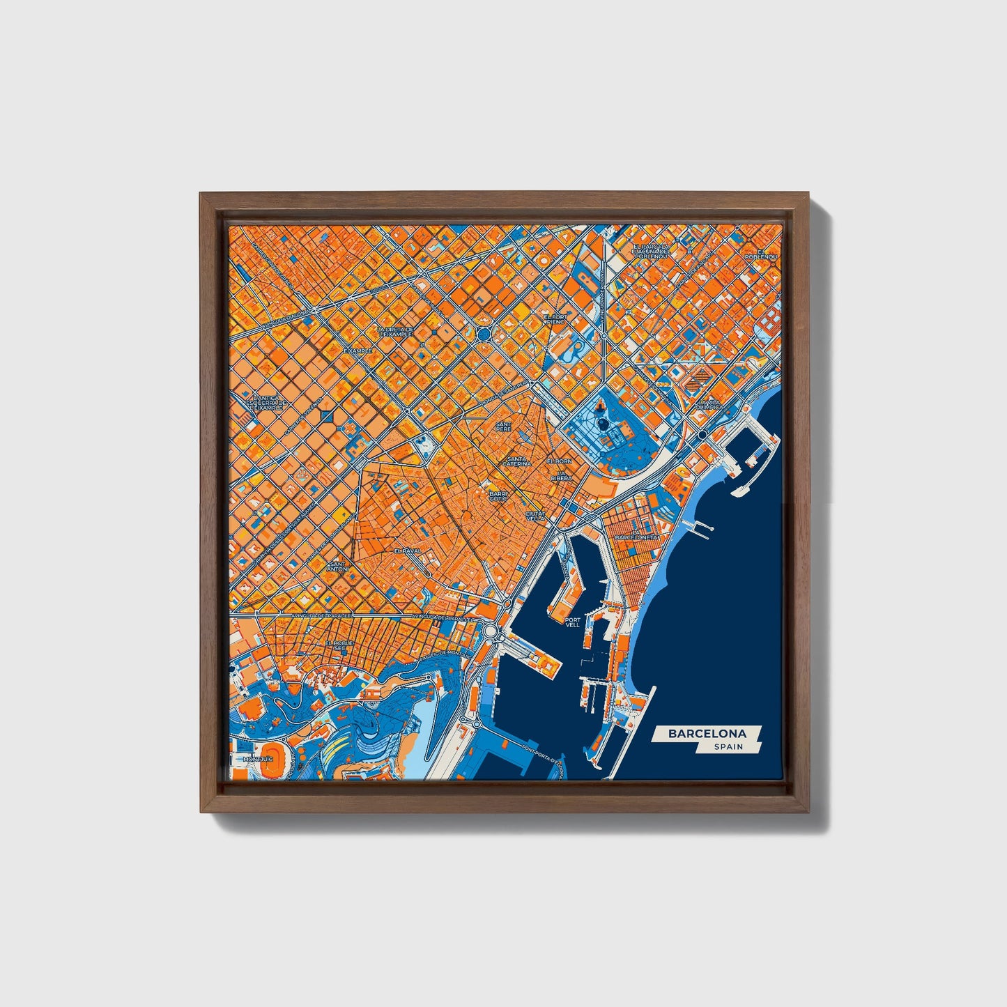 Barcelona Spain Colorful City Map Canvas Print • Dark Wooden Framed