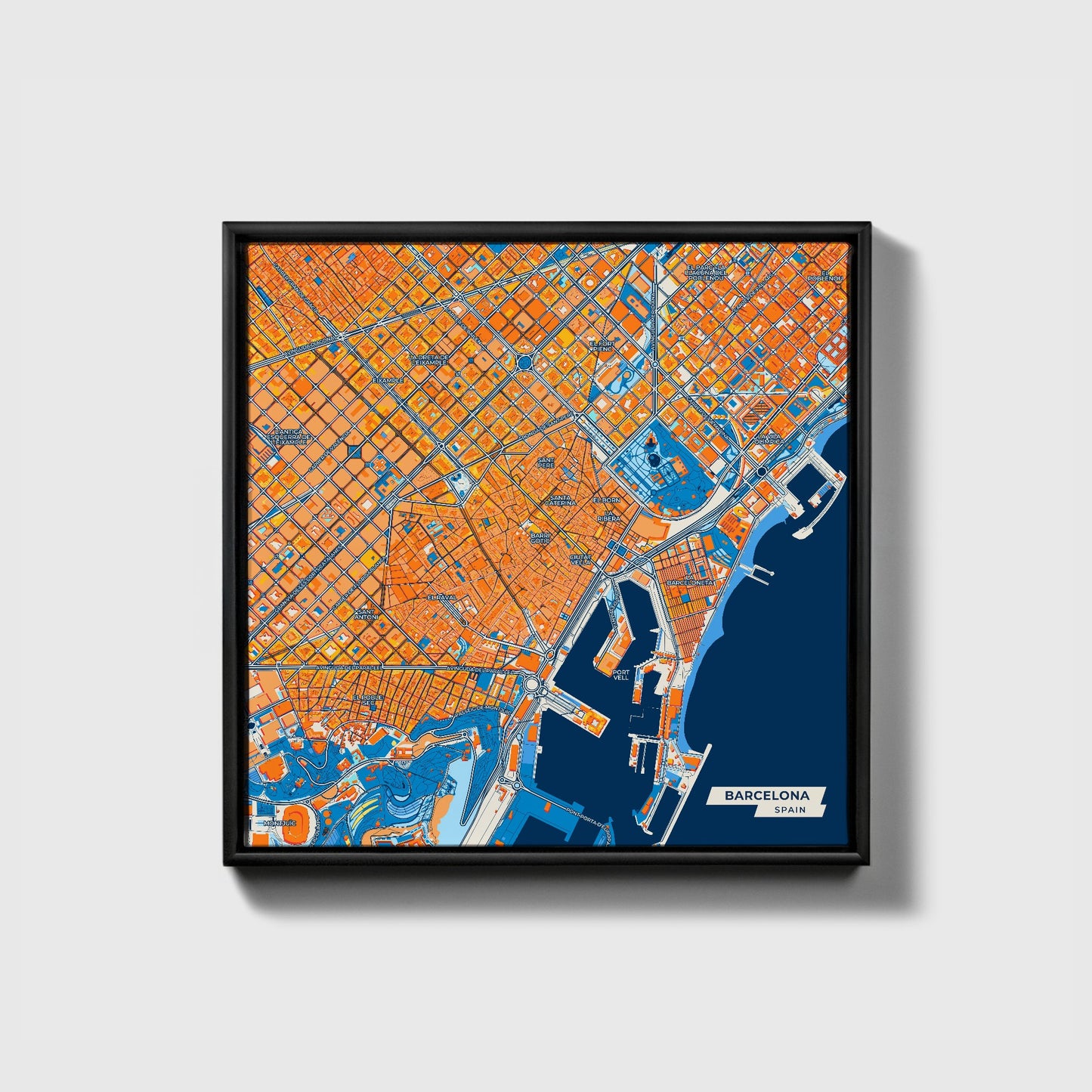 Barcelona Spain Colorful City Map Canvas Print • Black Framed