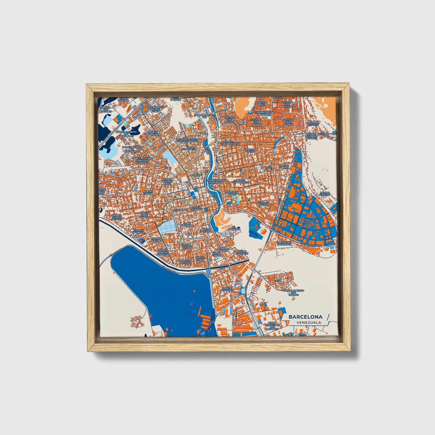 Barcelona Venezuela Colorful City Map Canvas Print • Natural Wooden Framed