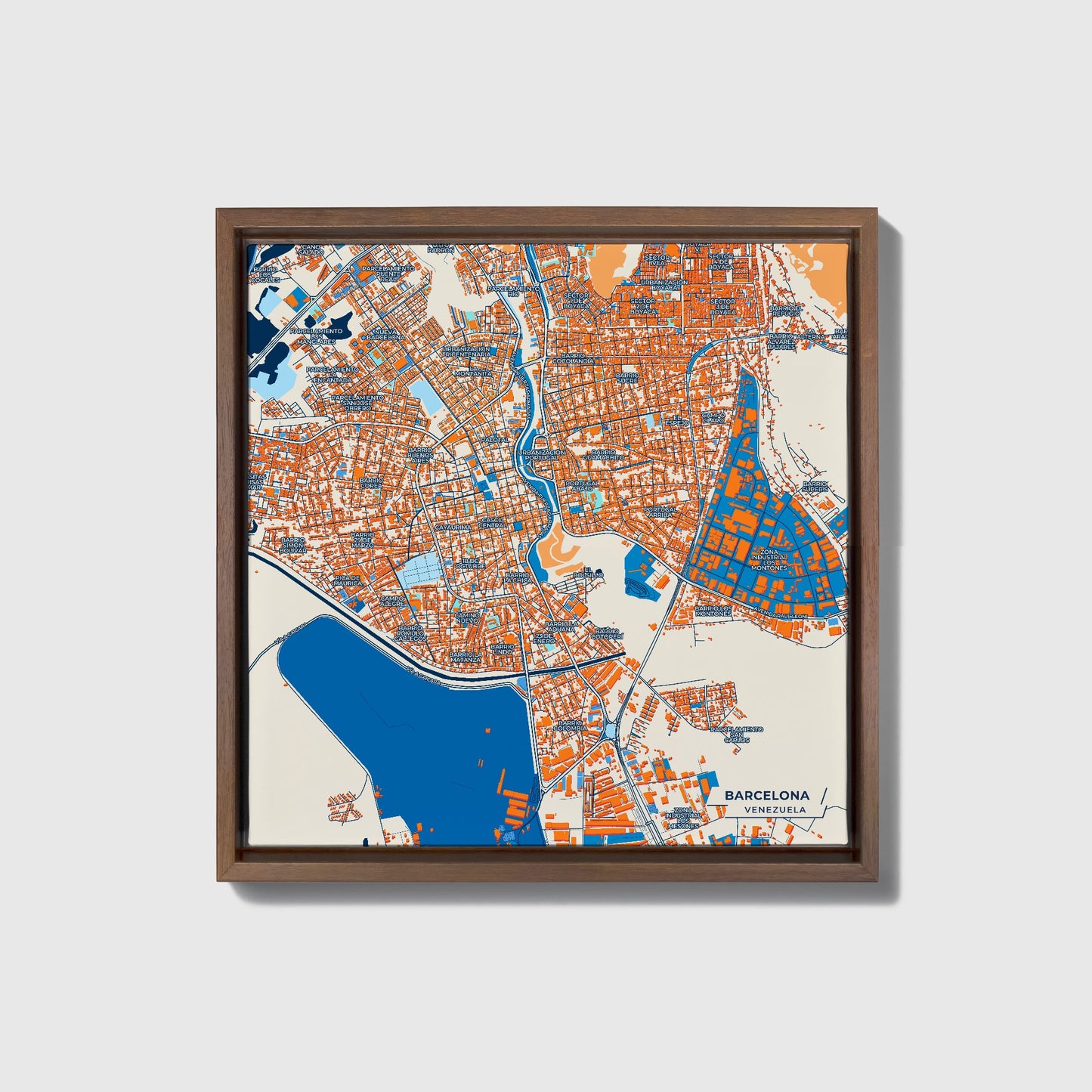 Barcelona Venezuela Colorful City Map Canvas Print • Dark Wooden Framed