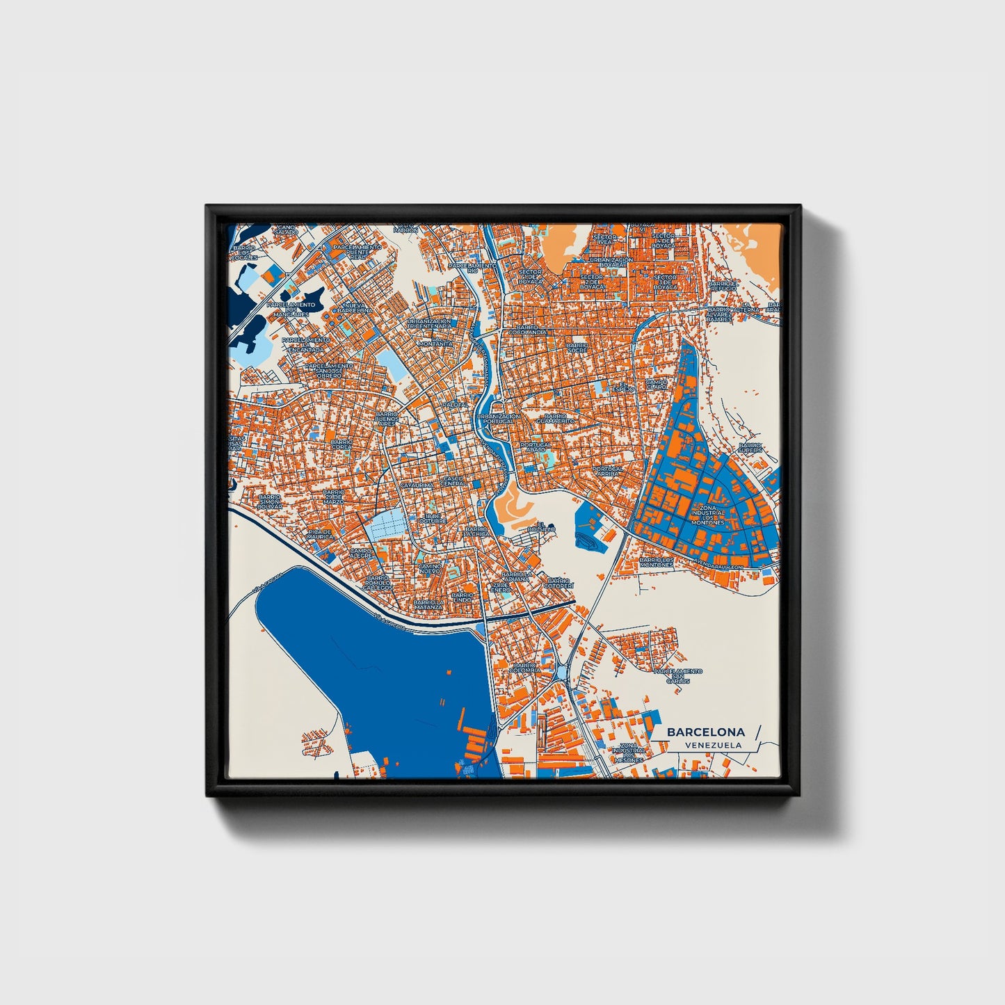 Barcelona Venezuela Colorful City Map Canvas Print • Black Framed