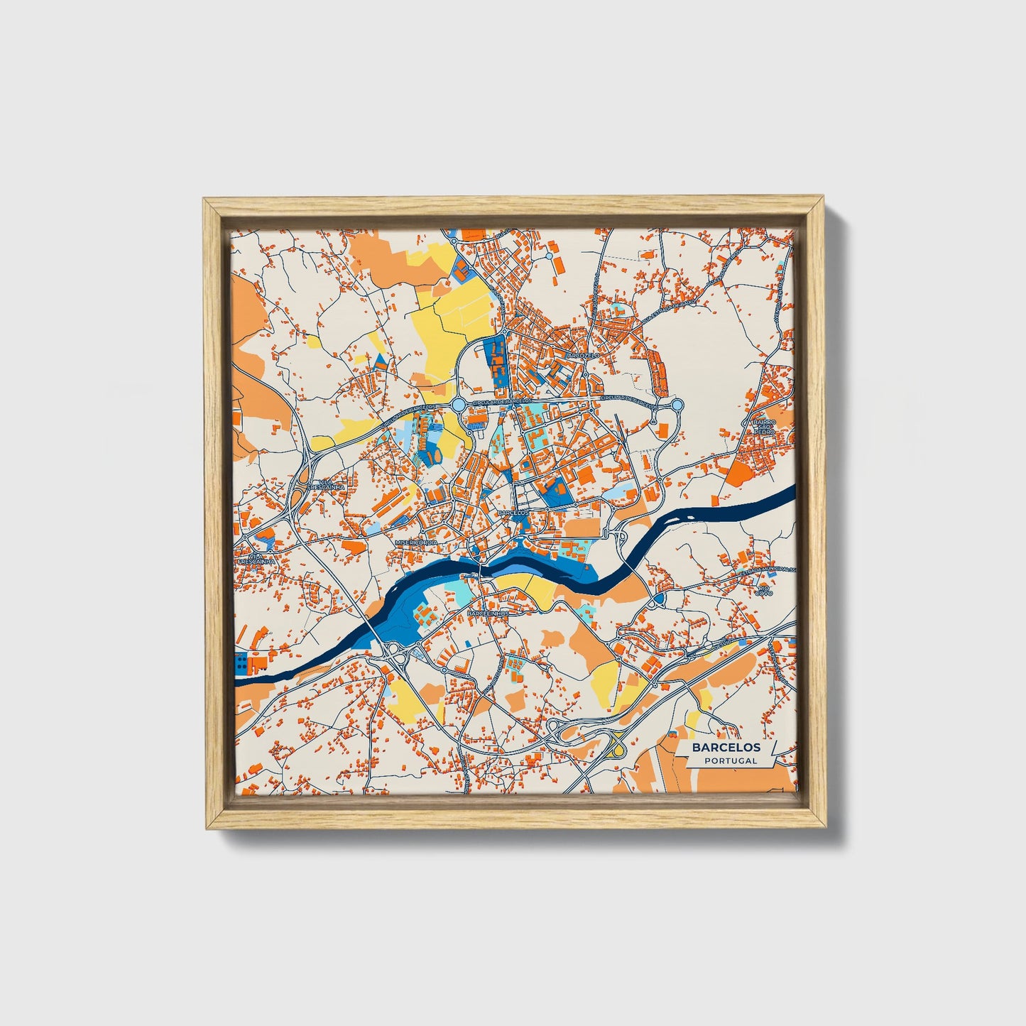 Barcelos Portugal Colorful City Map Canvas Print • Natural Wooden Framed