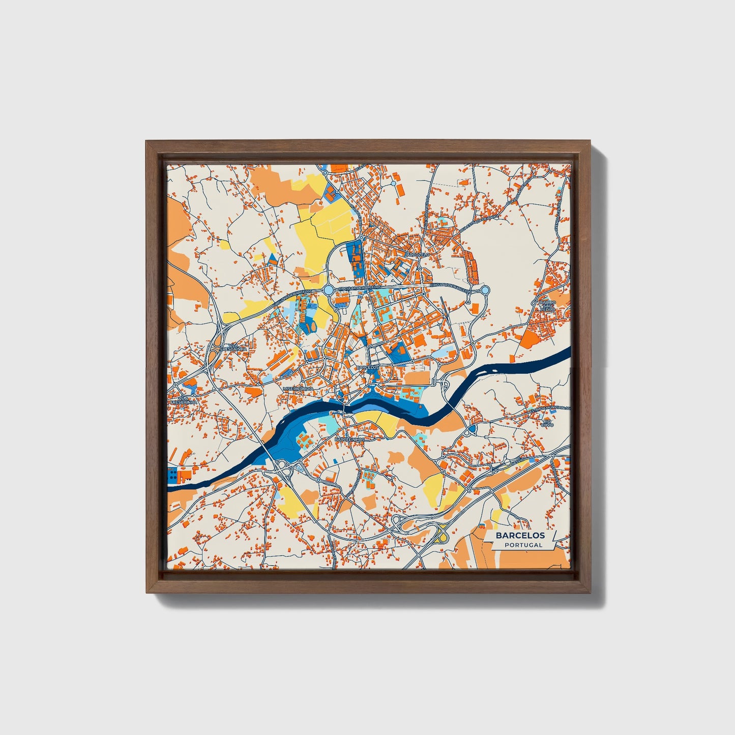 Barcelos Portugal Colorful City Map Canvas Print • Dark Wooden Framed