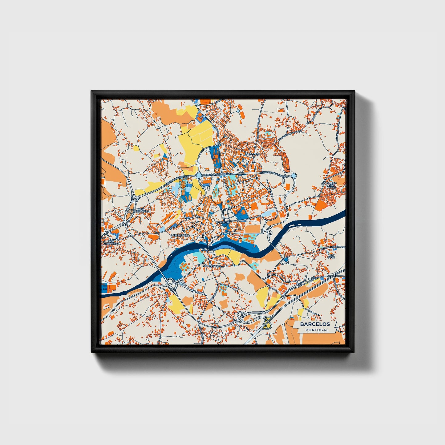 Barcelos Portugal Colorful City Map Canvas Print • Black Framed