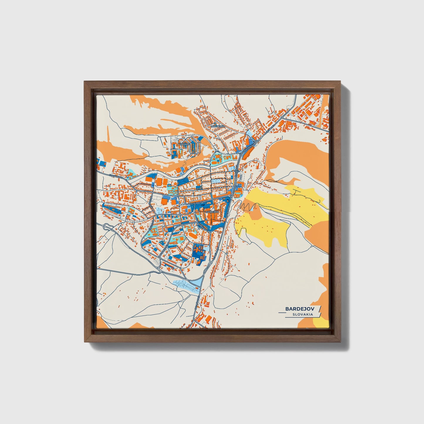 Bardejov Slovakia Colorful City Map Canvas Print • Dark Wooden Framed