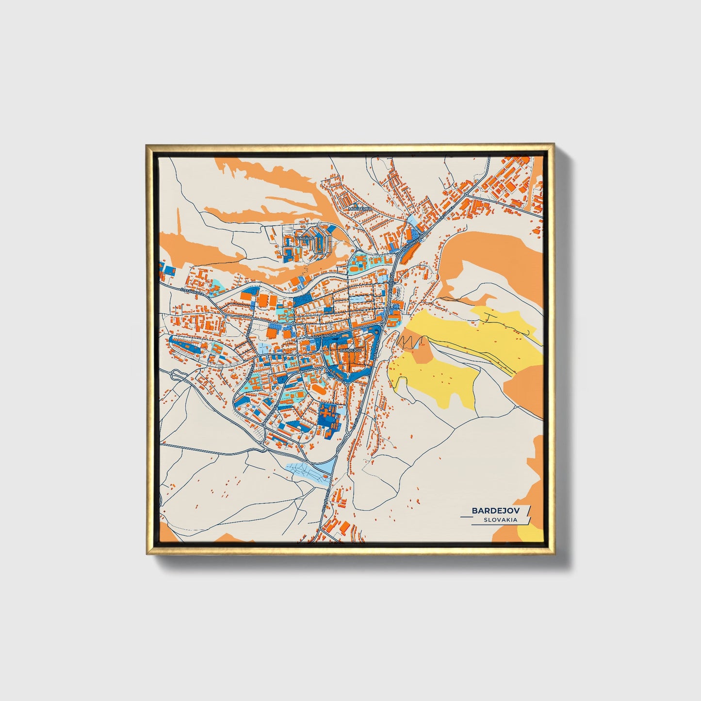 Bardejov Slovakia Colorful City Map Canvas Print • Gold Framed