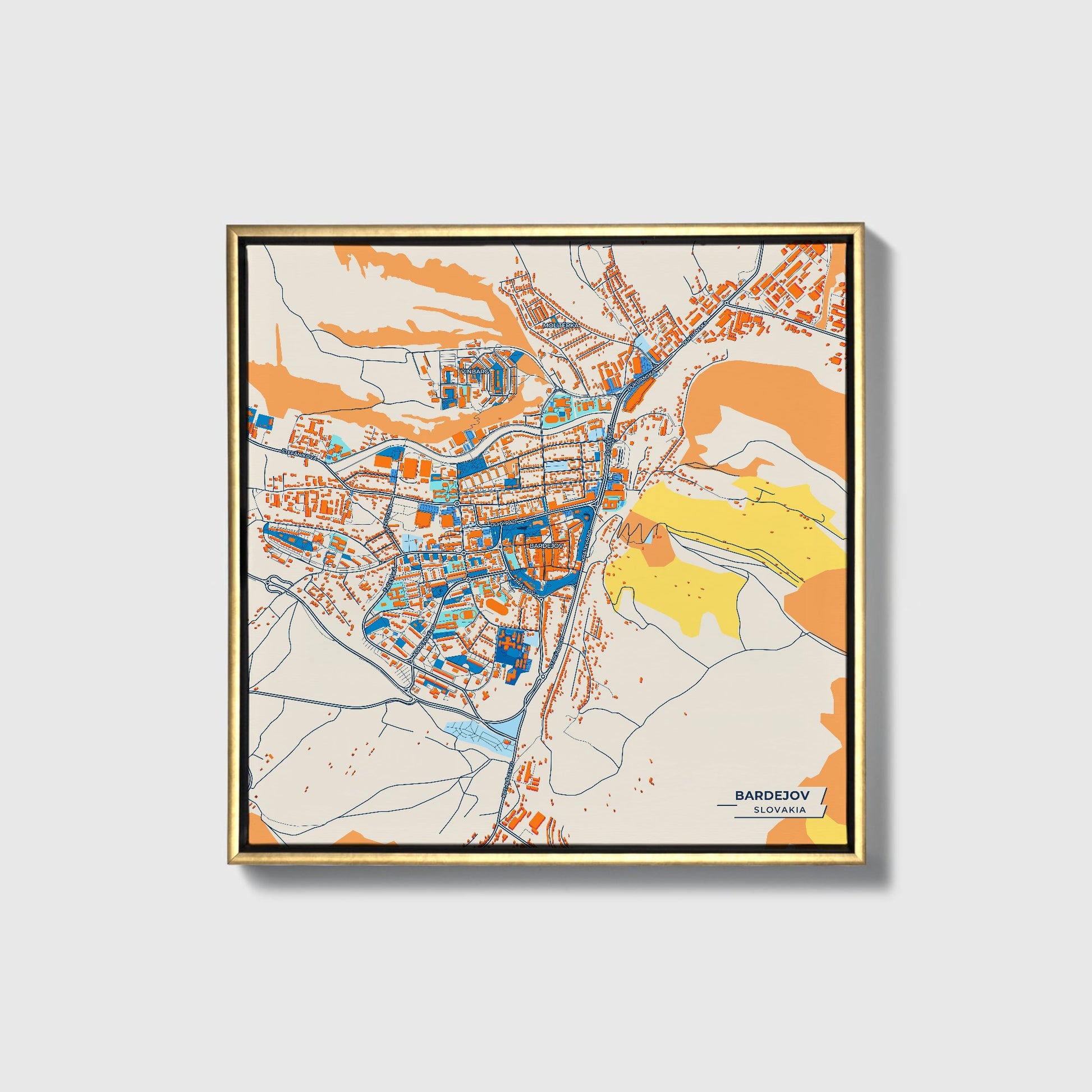 Bardejov Slovakia Colorful City Map Canvas Print • Gold Framed