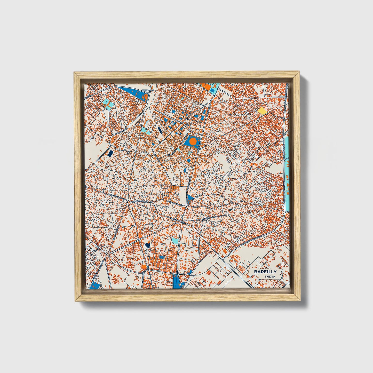 Bareilly India Colorful City Map Canvas Print • Natural Wooden Framed