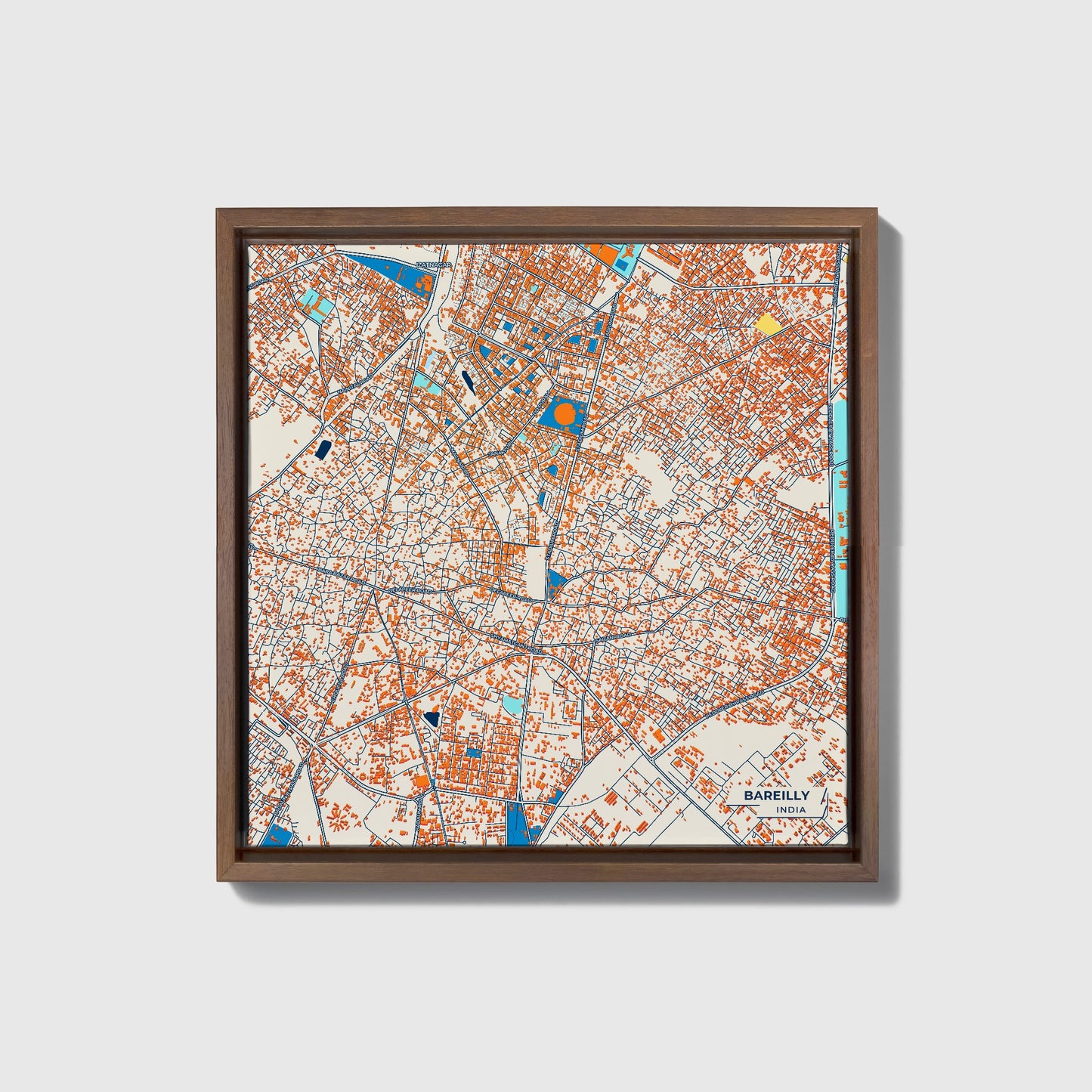 Bareilly India Colorful City Map Canvas Print • Dark Wooden Framed