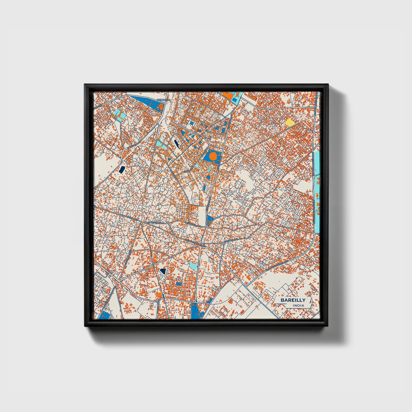 Bareilly India Colorful City Map Canvas Print • Black Framed