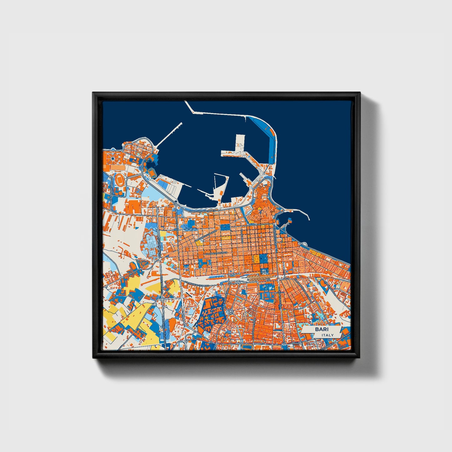 Bari  Italy Colorful City Map Canvas Print • Black Framed