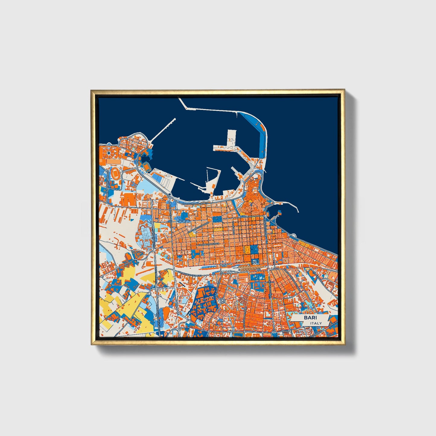 Bari  Italy Colorful City Map Canvas Print • Gold Framed