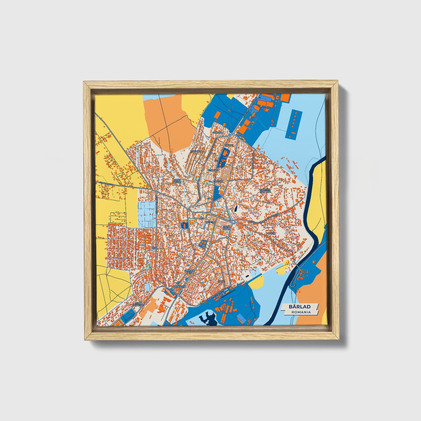 Bârlad Romania Colorful City Map Canvas Print • Natural Wooden Framed