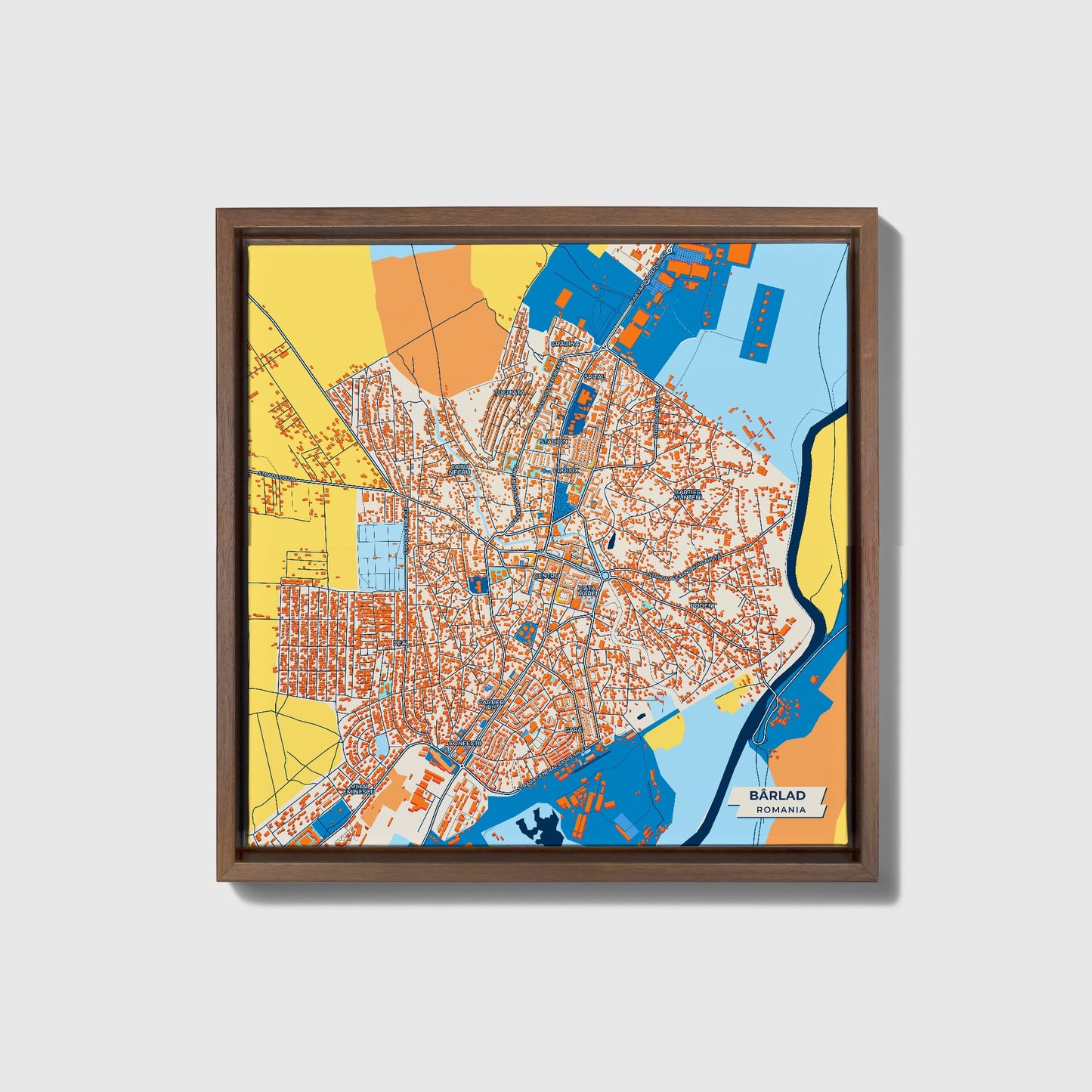 Bârlad Romania Colorful City Map Canvas Print • Dark Wooden Framed