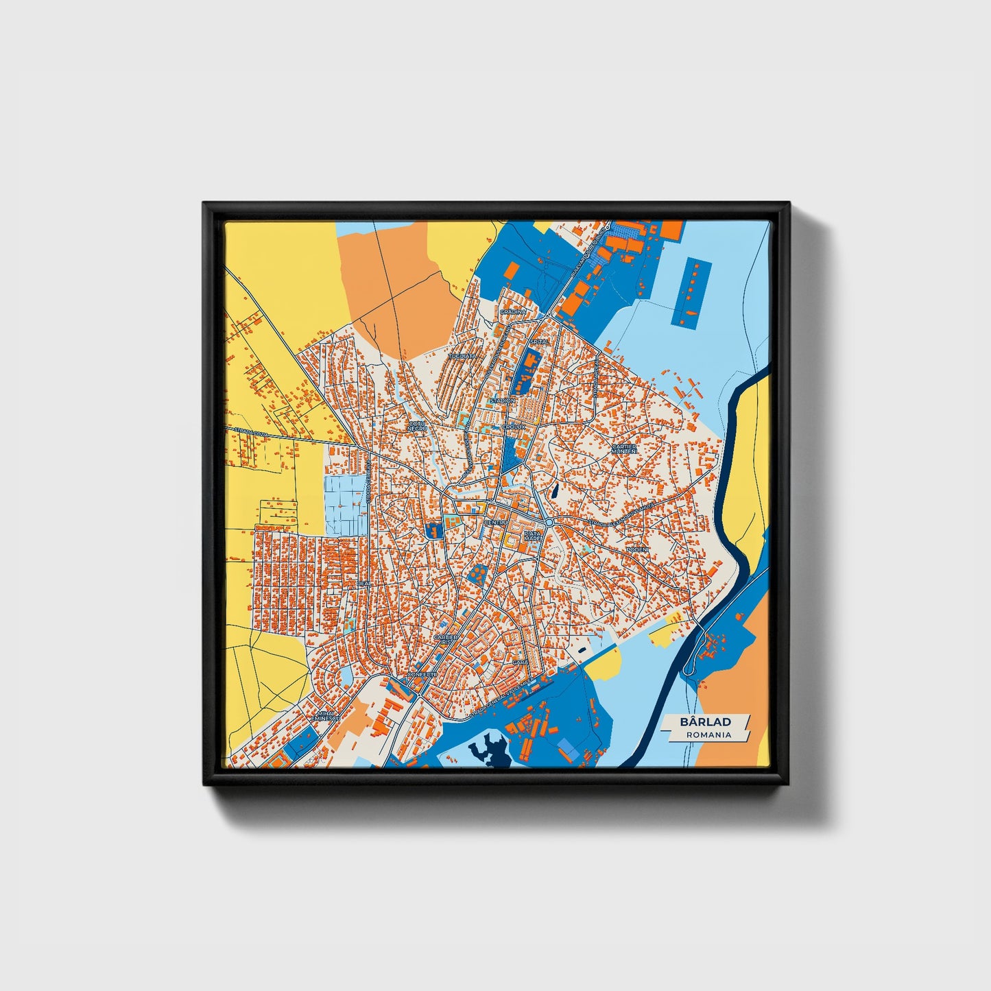 Bârlad Romania Colorful City Map Canvas Print • Black Framed
