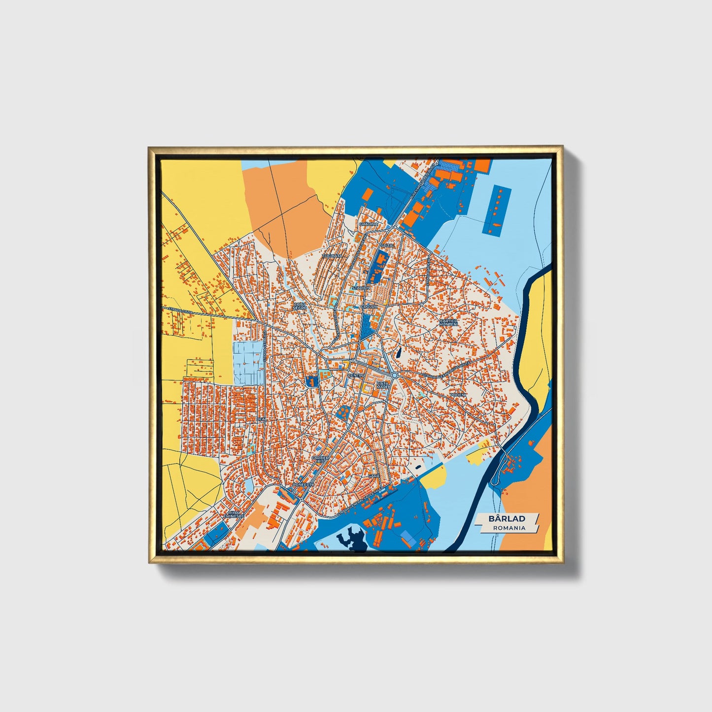 Bârlad Romania Colorful City Map Canvas Print • Gold Framed