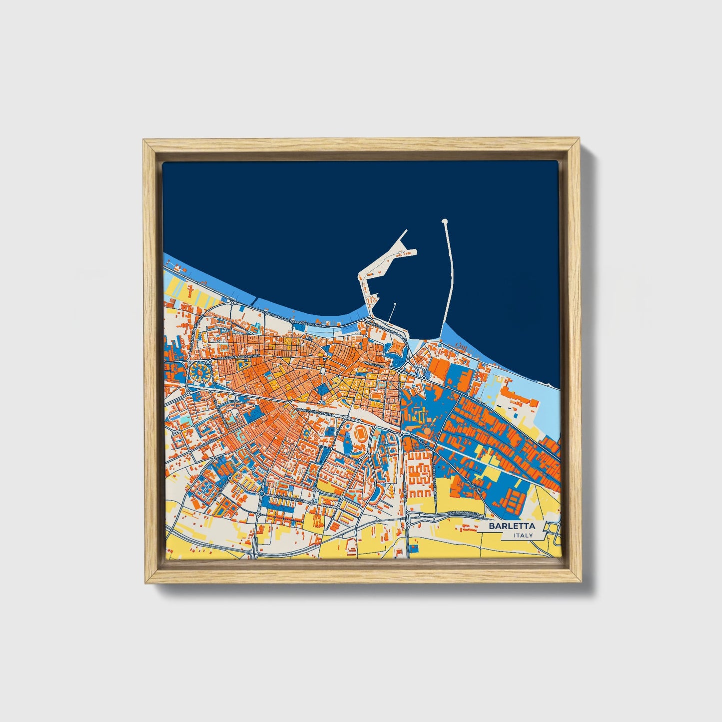Barletta Italy Colorful City Map Canvas Print • Natural Wooden Framed