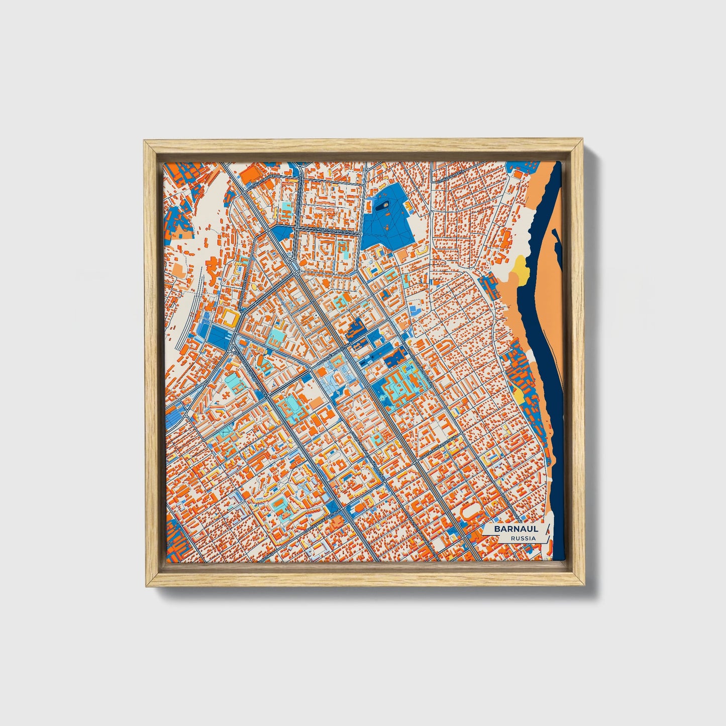 Барнаул Russia Colorful City Map Canvas Print • Natural Wooden Framed