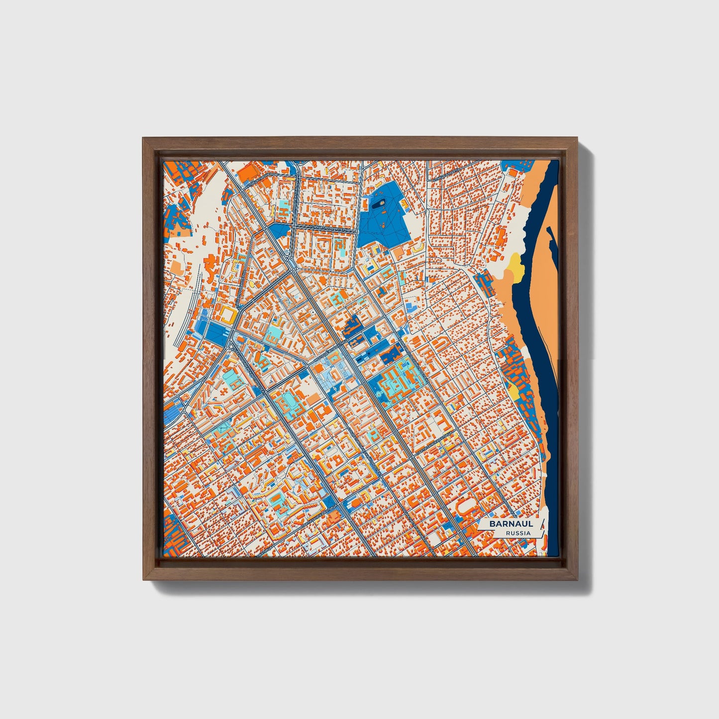 Барнаул Russia Colorful City Map Canvas Print • Dark Wooden Framed