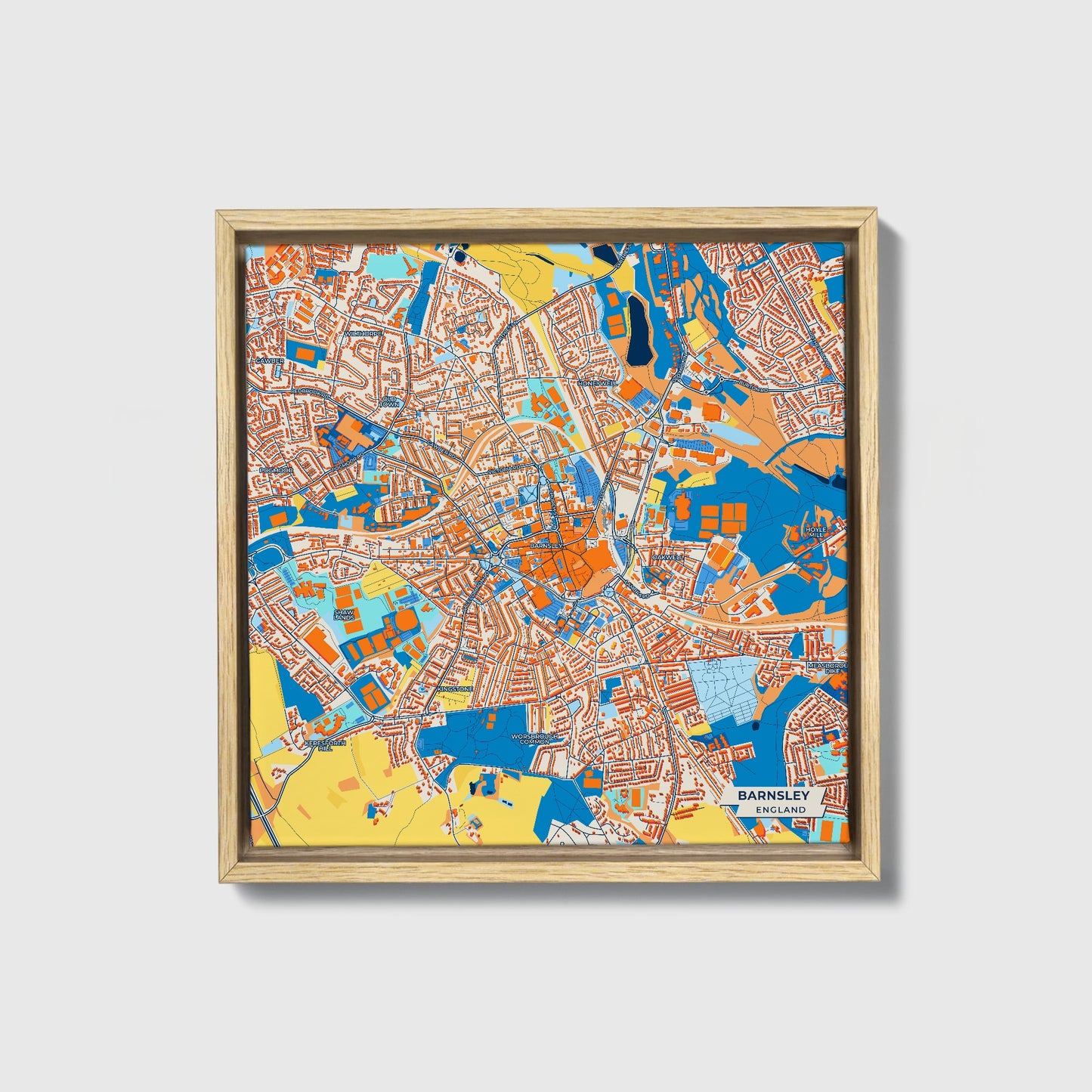 Barnsley England Colorful City Map Canvas Print • Natural Wooden Framed