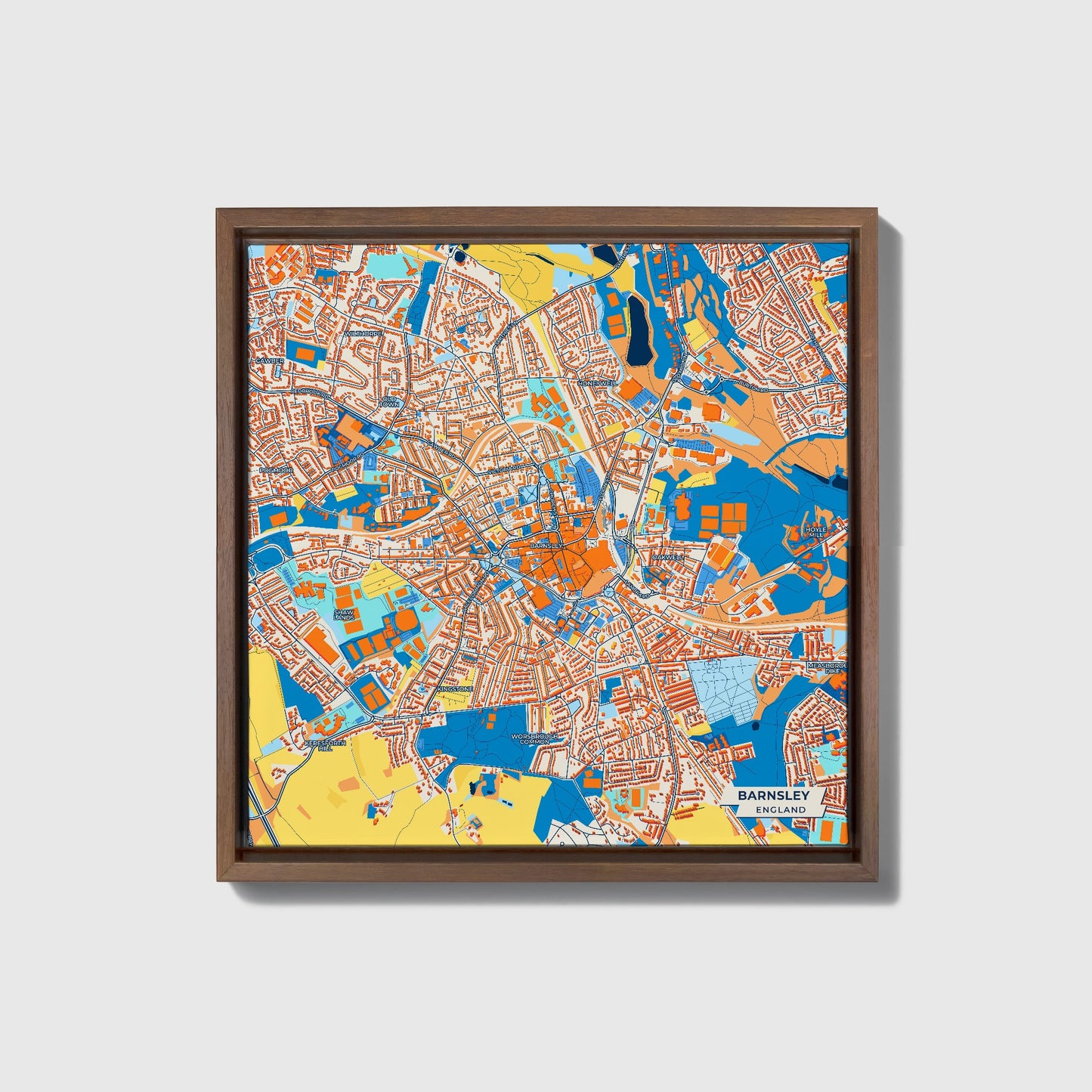 Barnsley England Colorful City Map Canvas Print • Dark Wooden Framed