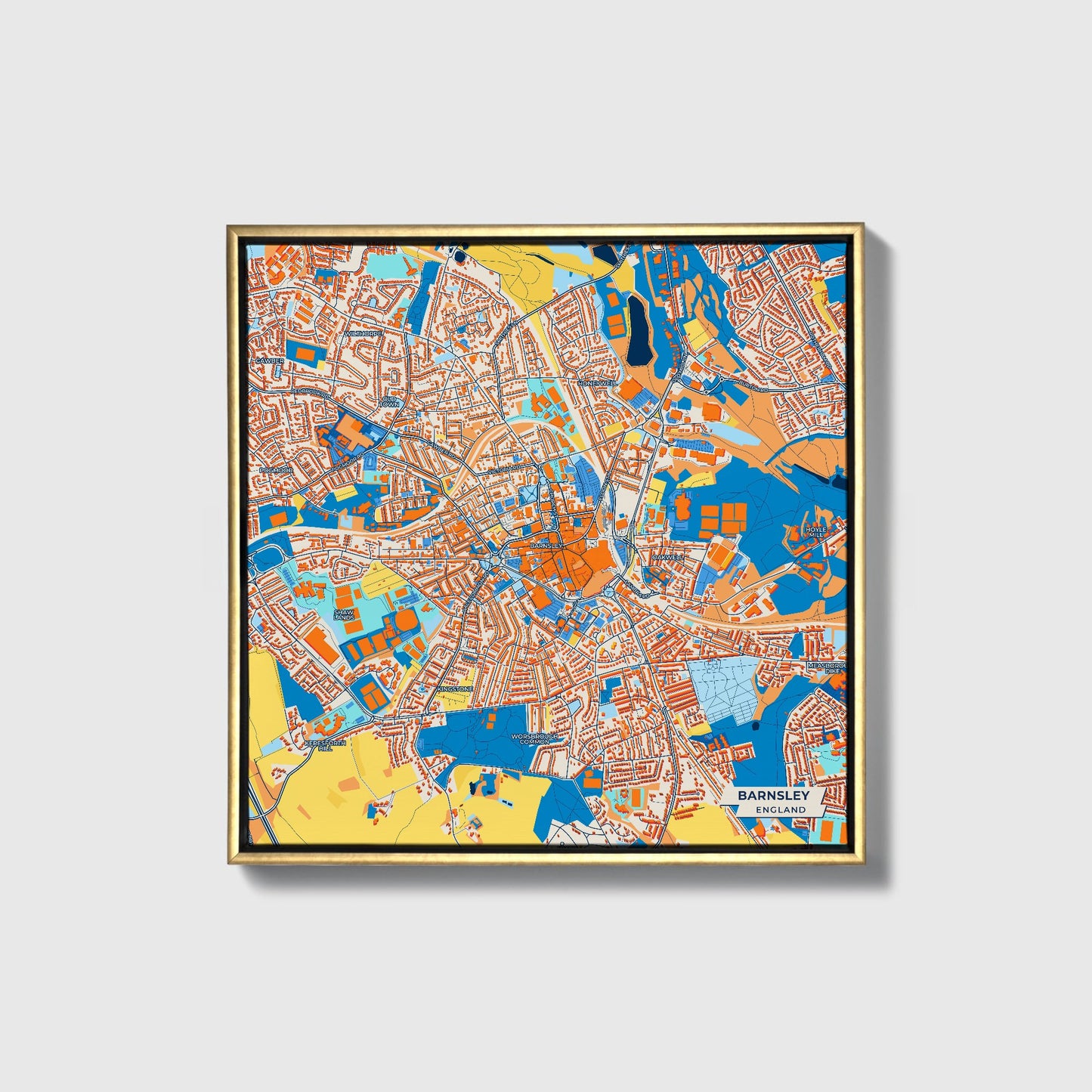Barnsley England Colorful City Map Canvas Print • Gold Framed