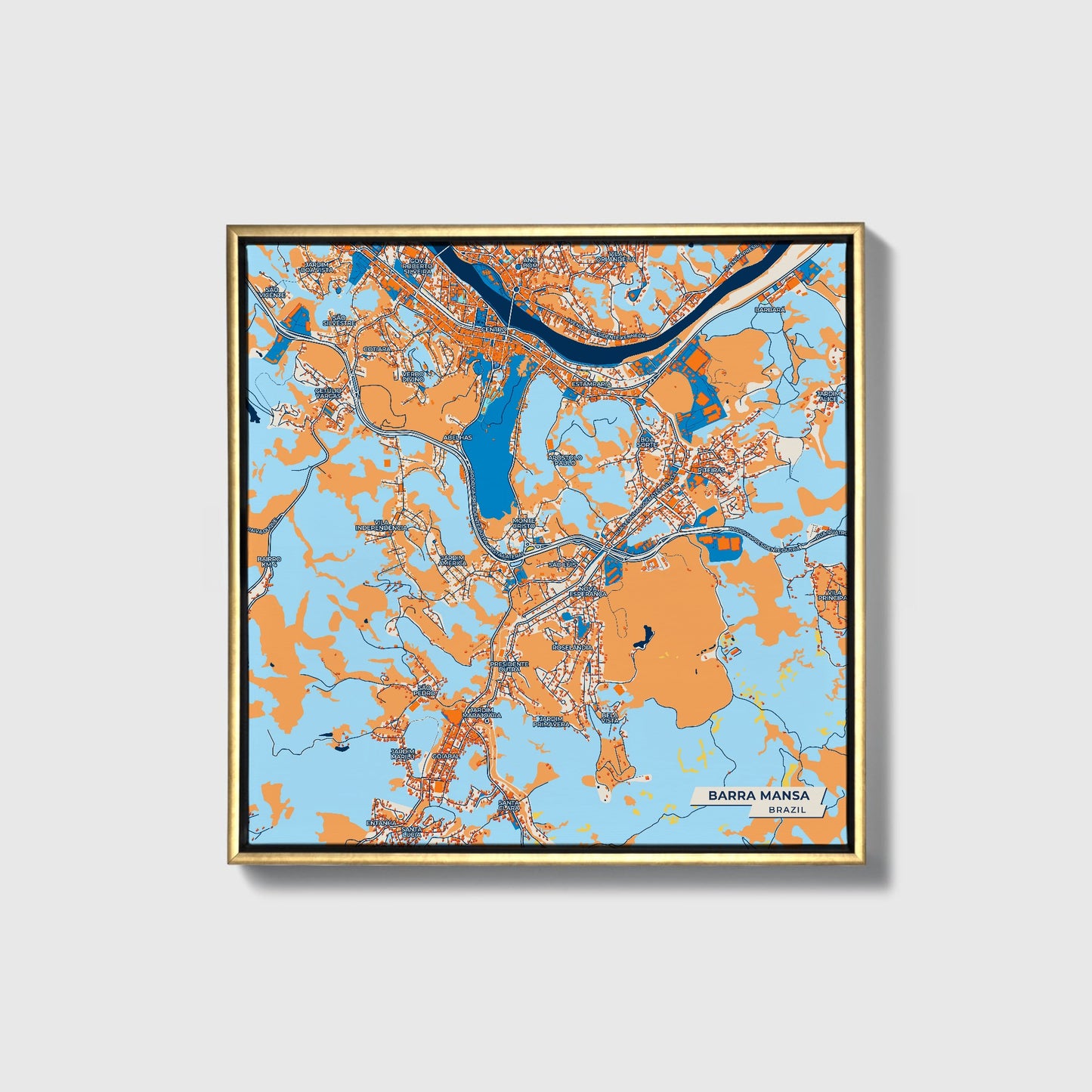 Barra Mansa Brazil Colorful City Map Canvas Print • Gold Framed
