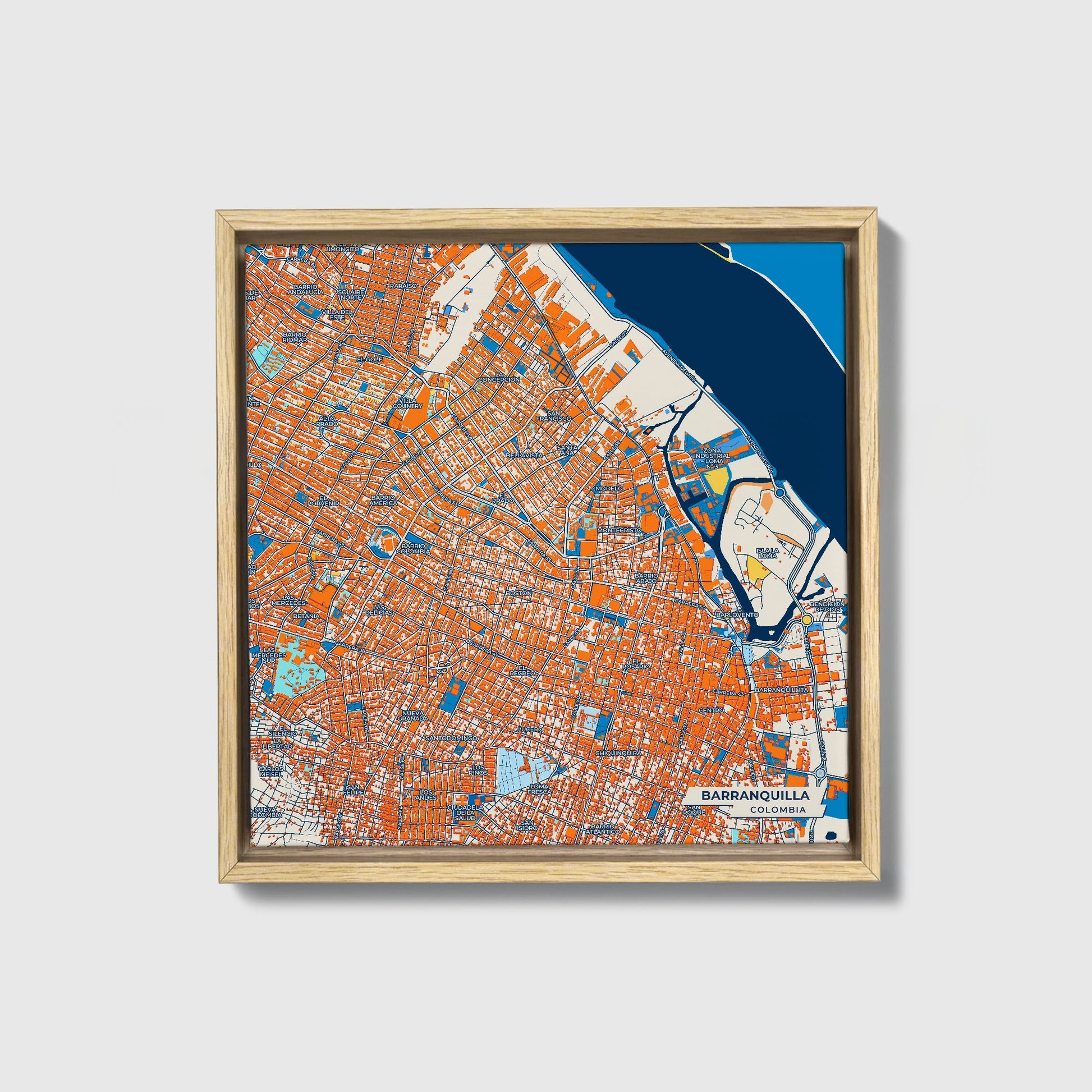 Barranquilla Colombia Colorful City Map Canvas Print • Natural Wooden Framed
