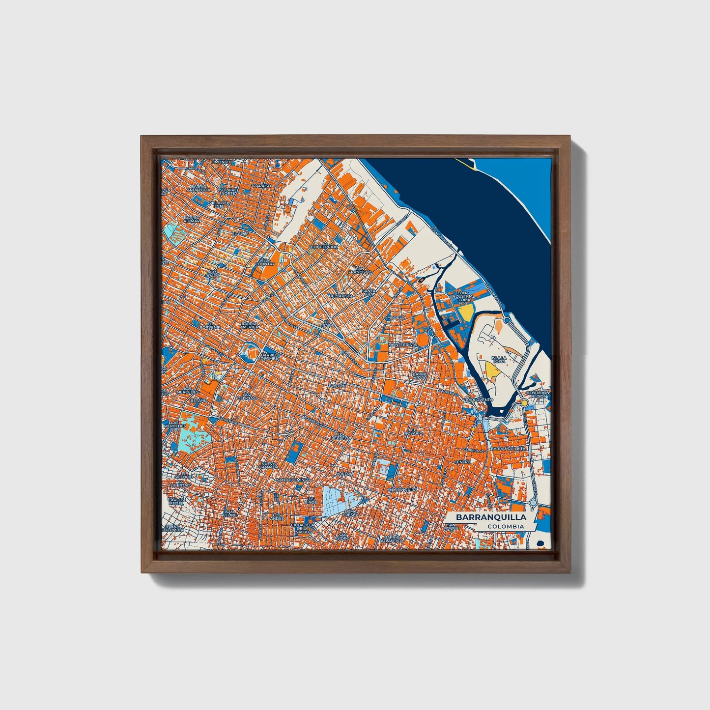 Barranquilla Colombia Colorful City Map Canvas Print • Dark Wooden Framed