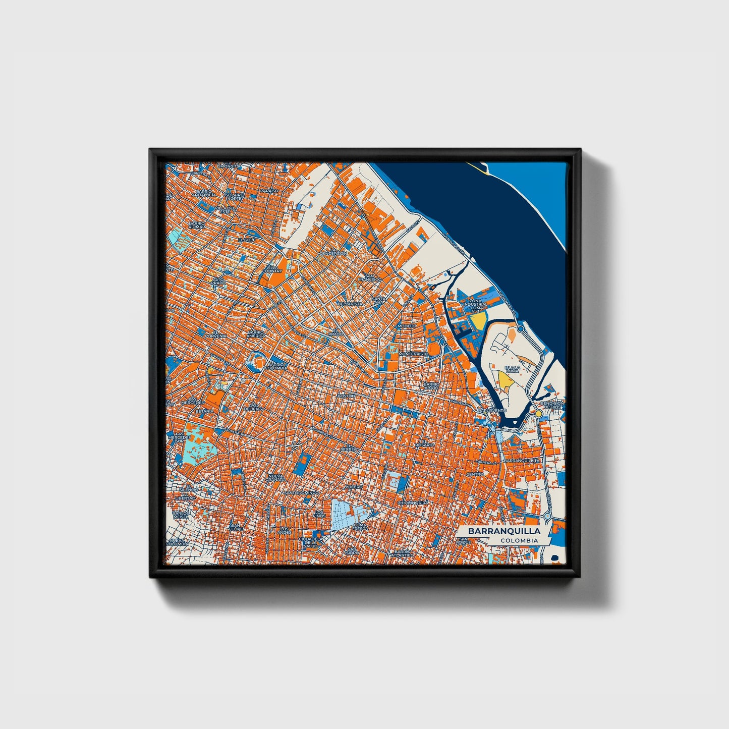 Barranquilla Colombia Colorful City Map Canvas Print • Black Framed