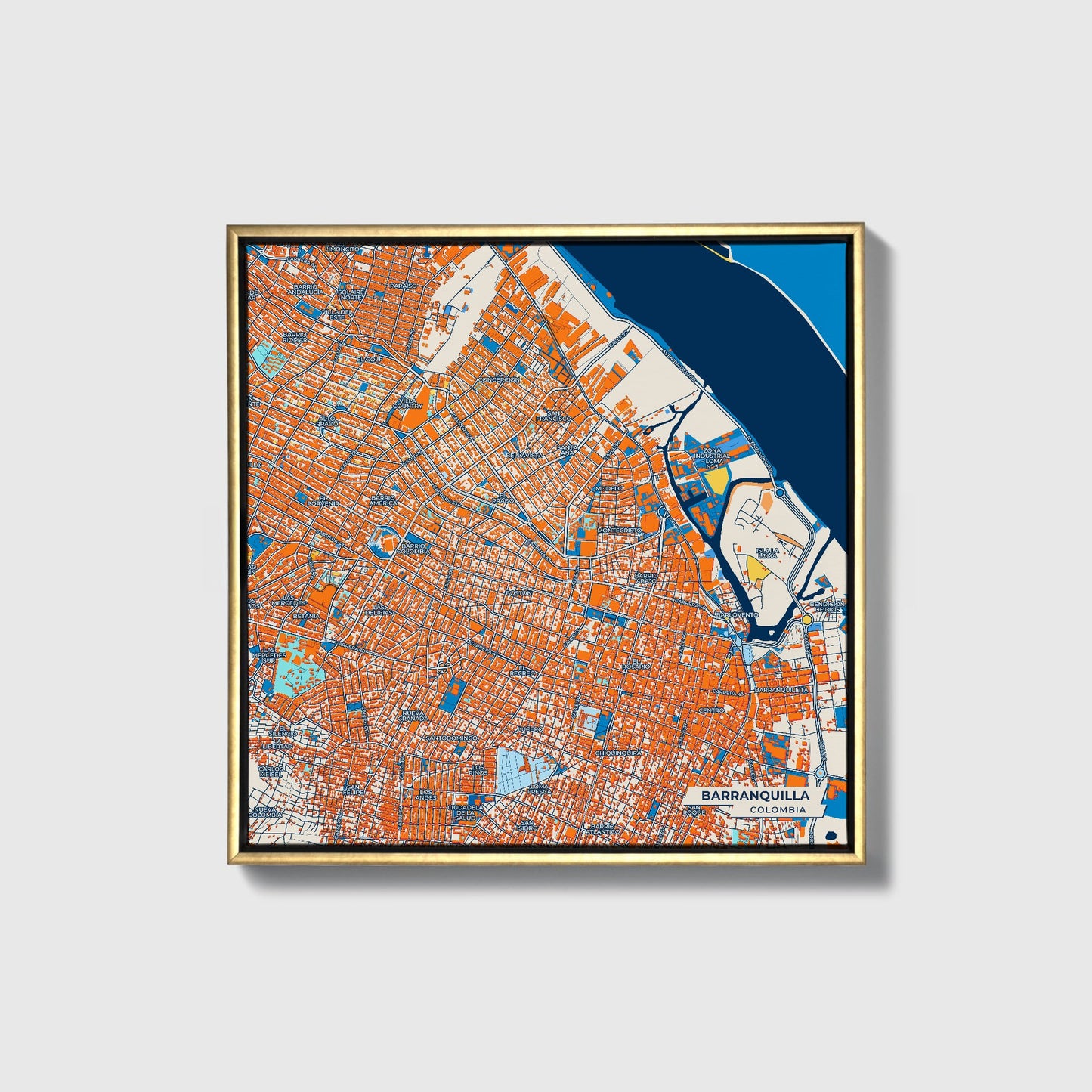 Barranquilla Colombia Colorful City Map Canvas Print • Gold Framed