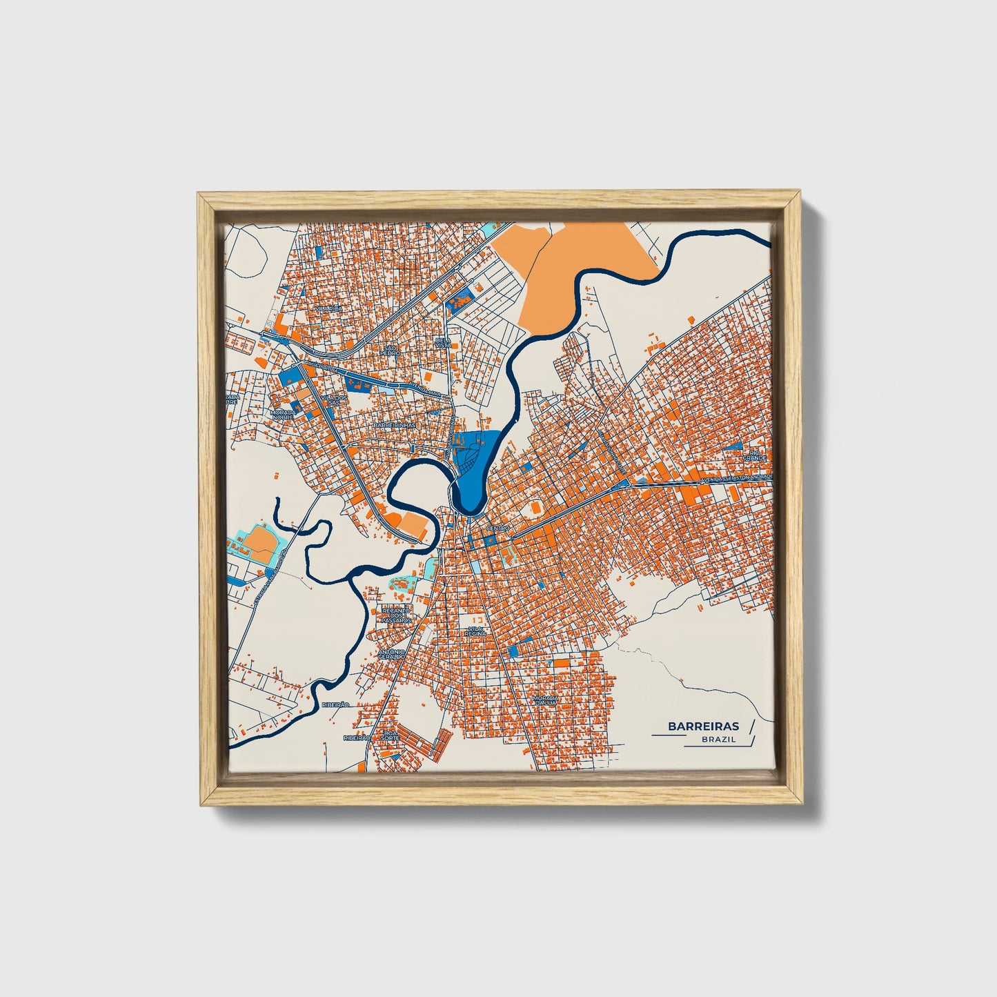 Barreiras Brazil Colorful City Map Canvas Print • Natural Wooden Framed
