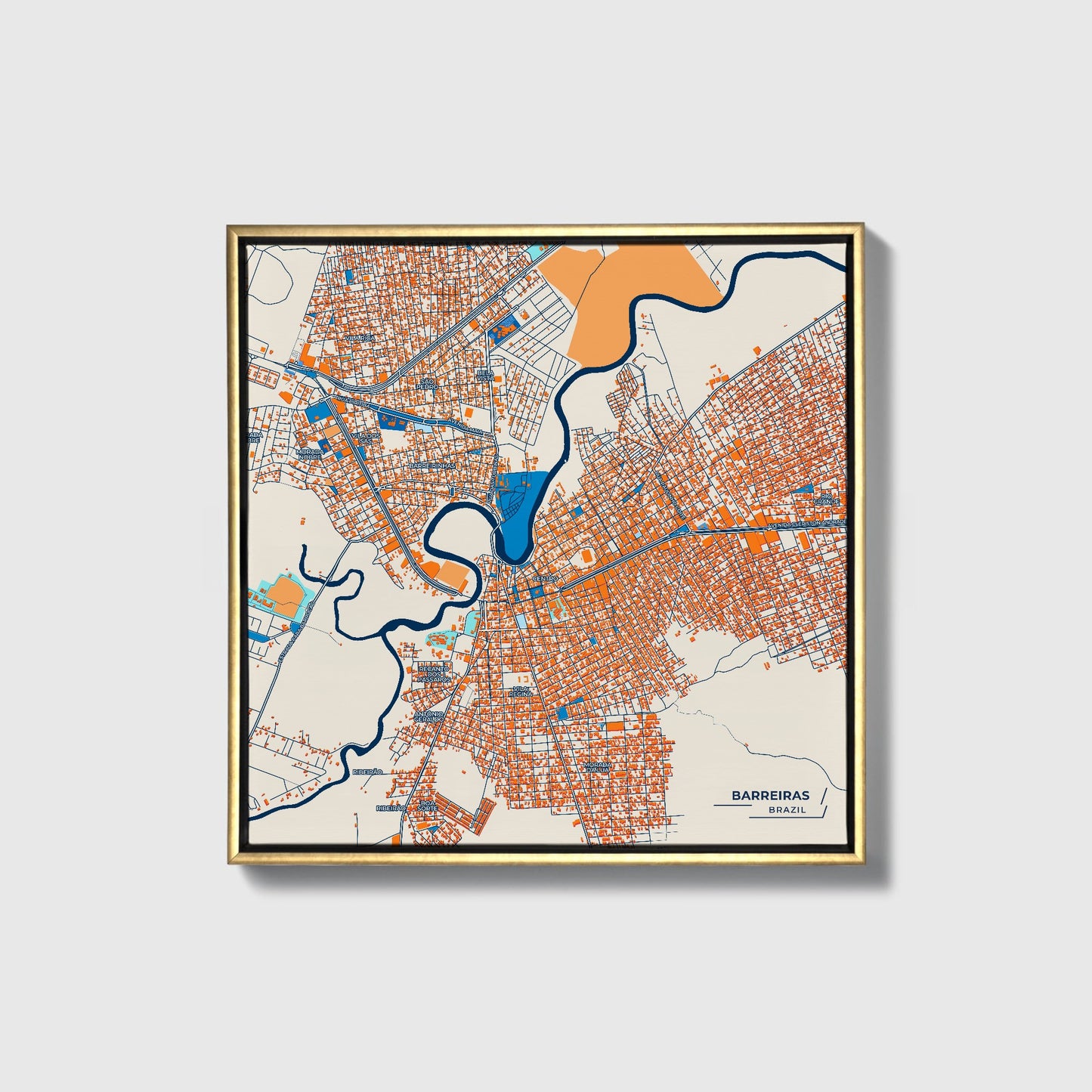 Barreiras Brazil Colorful City Map Canvas Print • Gold Framed